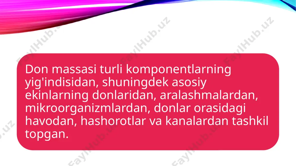 salari yumaloq shaklga, silliq yuzaga ega bo'lgan donlardir. bular tariq, no'xat, soya va boshqalar. donlar shakli yumaloq ko'rinishdan uzoqlashgan sari ularning oquvchanligi kamayadi. don massalari tarkibidagi aralashmalar miqdori uning oquvchanligini kamaytiradi. ayniqsa yengil aralashmalar (somon,xas va boshqalar) uni sezilarli darajada kamaytiradi. don massasining namligi oshib brogan sari uning oquvchanligi kamayadi va aksincha , tabiiy qiyalik burchagi ortib boradi. bu qurilma chiqaruvchi qismi yopiladigan voronka (1) va bu voronkani mahkamlash uchun taglik (2), burchakni o'lchash uchunyuk bog'langan transporter (3) va chizg'ichdan tashkil topgan. voronkadan to'kiladigan donning balandligi qiymatga egadir.voronka tekshiriladigan don bilan yuqori qismigacha qismigacha to'ldiriladi. voronkadan tushayotgan don massasi tekis yuzada konus hosil qiladi. asos diametri va konusning hosil qiluvchisi o'rtasidagi burchak tabiiy qiyalik burchagidir. u chizg'ich va transportir yordamida aniqlanadi. xulosa: donlarni tabiiy qiyqlik va ishqalanish burchagini aniqlashni standart talablari bo'yicha tekshirib solishtirib ko'rish foydalanilgan adabiyotlar y. d. kazakov metodh otsenki kachestva zerna. m.agropromizdat, 1987 g. l. a. trisvyatskiy …