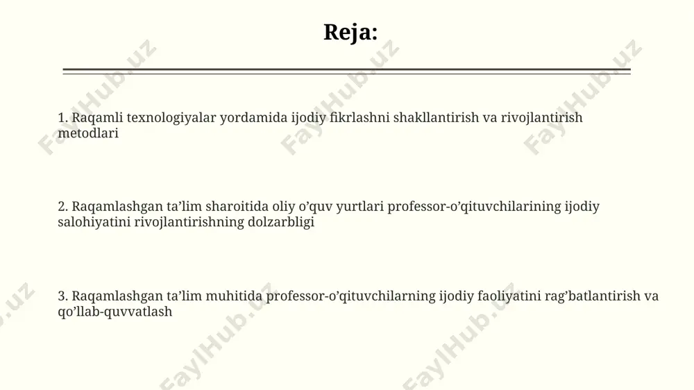 sini sezilarli darajada oshirganlarini ta'kidlashadi. loyihaviy o'qitishda 5 dan ortiq talaba guruhlarida hamkorlikni tashkil qilish ijodkorlikni 30% ga oshirishi mumkin, chunki bu turli fikrlar almashinuviga va yangi g'oyalar paydo bo'lishiga olib keladi. innovatsion loyihalarni amalga oshirish va ularni baholovchi tizimlarni joriy etish o'qituvchilarning 25% gacha bo'lgan qismini faol ravishda ijodkorlikka undaydi va yangi pedagogik usullarni qo'llashga turtki beradi. ijodkorlikni rivojlantirishning nazariy asoslari ijodkor shaxsning 5 asosiy xususiyati (qiziquvchanlik, tashabbuskorlik, mustaqillik, tanqidiy fikrlash, xayolparastlik) va ularni rivojlantirish metodikasi ta’lim sifatini yaxshilashga xizmat qiladi. miya faoliyatining 4 asosiy turi (konvergent, divergent, sintetik, analitik fikrlash) ijodkorlikka ta’sirini chuqur tahlil qilish zamonaviy ta’limda muhim ahamiyat kasb etadi. ijodkorlikni rivojlantirishning asosiy 3 bosqichi (tayyorgarlik, jarayon, natija) va har bir bosqichga mos psixologik-pedagogik texnologiyalarni qo‘llash usullarini o‘rganish samaradorligini oshiradi. ta’lim jarayoniga innovatsiyalarni joriy etish o‘qituvchilarning onlayn o‘quv platformalarida 50 dan ortiq interaktiv resurslar yaratish tajribasi ularning pedagogik mahoratini va ijodiy yondashuvini oshirdi. ta’lim jarayoniga 3d-modellashtirish va …