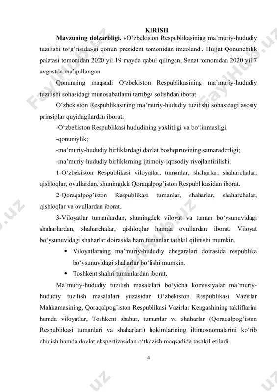 kiston hududi tanlangan bo‘lsa, tadqiqot predmeti o‘zbekiston shaharlariga qaratilgan. kurs ishining tuzilishi va hajmi. kurs ishi kirish, beshta reja, jadvallar, xulosa va foydalanilgan adabiyotlar ro‘yhatidan iborat. 1.o‘zbekistonda shaharlarning rivojlanishining tarixiy bosqichlari. o‘zbekistonda garchi shaharlar qadimda, 2,5-3 ming yil avval vujudga kelgan bo‘lsada, urbanizatsiya jarayoni ancha kech boshlandi. u o‘ziga xos bo‘lgan bir necha tarixiy bosqichlarga ajratiladi. 1-bosqich. qadimiy davr 1917 yilgacha bo‘lib, bunda shahar maqomini berish bo‘yicha rasmiy mezonlar bo‘lmagan. aholi sonidan qat’iy nazar yirik aholi manzilgohlari, xonlik, amirlik hamda bekliklarning ma’muriy markazlari shahar deb yuritilgan. bu davrda shaharlar asosan transport tuguni (karvonsaroylar), savdo (bozorlar), harbiy-strategik (istehkomlar), diniy va ma’muriy markazlar sifatida vujudga kelgan. 1897-yilgi aholi ro‘yxatiga ko‘ra, ushbu shaharlarda jami aholining 18,8 foizi yashagan. 2-bosqich. 1917- yildan keyin shahar maqomi berish qoidalari o‘zgarishi bilan shaharlar doirasi kengaydi. bunda shahar tashkil etuvchi tarixiy, iqtisodiy, siyosiy, demografik, geografik va boshqa omillar hisobga olina boshlandi. dastlabki shaharlarga maqom berish bo‘yicha 1929-yilda qabul …