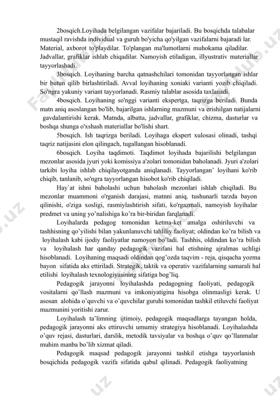mumiy tavsifi oy- dinlashadi. aniq faoliyatga asos yaratiladi. loyihani amalga oshirish uchun tuzilgan reja aniq bo'lishi, haddan tashqari murakkab bo'lmasligi kerak. umumiy rejadan tashqari haftalik va oylik rejalar tuziladiki, uning asosida talaba bajaradigan ishlarni yanada oydinlashtiradi. loyiha qatnashchilari belgilanadi. loyiha qatnashchilari o'z qiziqishlari, fikr doiralari bilan bir- birlariga yaqin, yordam beruvchi o'quvchi, talabalar bo'lib, ularni loyihada qo'yilgan maqsad birlashtiradi. ularni yoniga keyinchalik boshqa qatnashchilar ham qo'shilishi mumkin. lekin qatnashchilar haddan tashqari ko'payib ketishi salbiy oqibatlarga olib keladi. shuning uchun loyihada har bir qatnashuvchining bajaradigan vazifasi aniq yozib qo'yiladi. loyihani amalga oshirish muddatlari belgilanadi. agarda u bosqichlarga bo'linsa, uni ham muddatlari bilan ko'rsatiladi. loyihalash va uni amalga oshirishning bosqichlari: 1- bosqich. loyihani ishlab chiqish. unda loyihani amalga oshirish shakllari va vositalari, bosqichma-bosqich natijalari ham ko'rsatiladi. bosqich.loyihada belgilangan vazifalar bajariladi. bu bosqichda talabalar mustaqil ravishda individual va guruh bo'yicha qo'yilgan vazifalarni bajaradi lar. material, axborot to'playdilar. to'plangan ma'lumotlarni muhokama qiladilar. jadvallar, grafiklar …