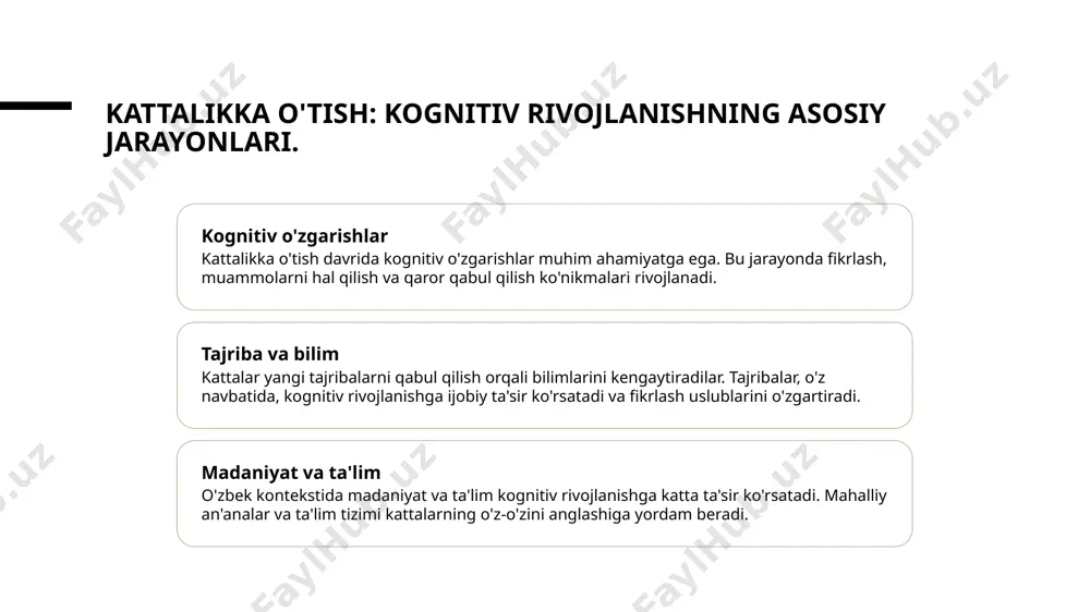 ta'sir ko'rsatadi. madaniyat, shaxsning qarashlari va kognitiv ko'nikmalarini shakllantiradi. o'zbek madaniyatida qadriyatlar va an'analar, kattalikka o'tishda muhim ahamiyatga ega. ta'lim tizimi, kattalikka o'tish jarayonida kognitiv ko'nikmalarni rivojlantirishda asosiy omil hisoblanadi. o'zbekistonda ta'lim, ijtimoiy va madaniy kontekstda ahamiyatlidir. kattalikda kognitiv rivojlanishning muhim bosqichlari. kognitiv o'sish kattalikka o'tishda kognitiv o'sish murakkab jarayon bo'lib, tajriba va bilimning to'planganidan kelib chiqadi, shuningdek, muhitning ta'sirini o'z ichiga oladi. muvozanat va moslashuv kattalar hayotida muvozanat va moslashuv qobiliyatlari rivojlanadi. bu jarayon stress va o'zgarishlarga moslashish orqali sodir bo'ladi, shuningdek, yangi imkoniyatlarni qidirishga undaydi. tanqidiy fikrlash kattalikka o'tishda tanqidiy fikrlash qobiliyati kuchayadi. bu, shuningdek, murakkab muammolarni hal qilish va qarorlar qabul qilishda samaradorlikni oshiradi. madaniyatning kognitiv rivojlanishga ta'siri: o'zbek muhitida misollar. 1 madaniyat va kognitiv rivojlanish madaniyat, insonlarning fikrlash jarayonini shakllantiradi, bu esa kognitiv rivojlanishga to'g'ridan-to'g'ri ta'sir qiladi. o'zbek madaniyatida bu jarayon an'anaviy bilim va qadriyatlar orqali namoyon bo'ladi. 2 an'anaviy ta'lim o'zbekistondagi an'anaviy ta'lim tizimi, kognitiv …