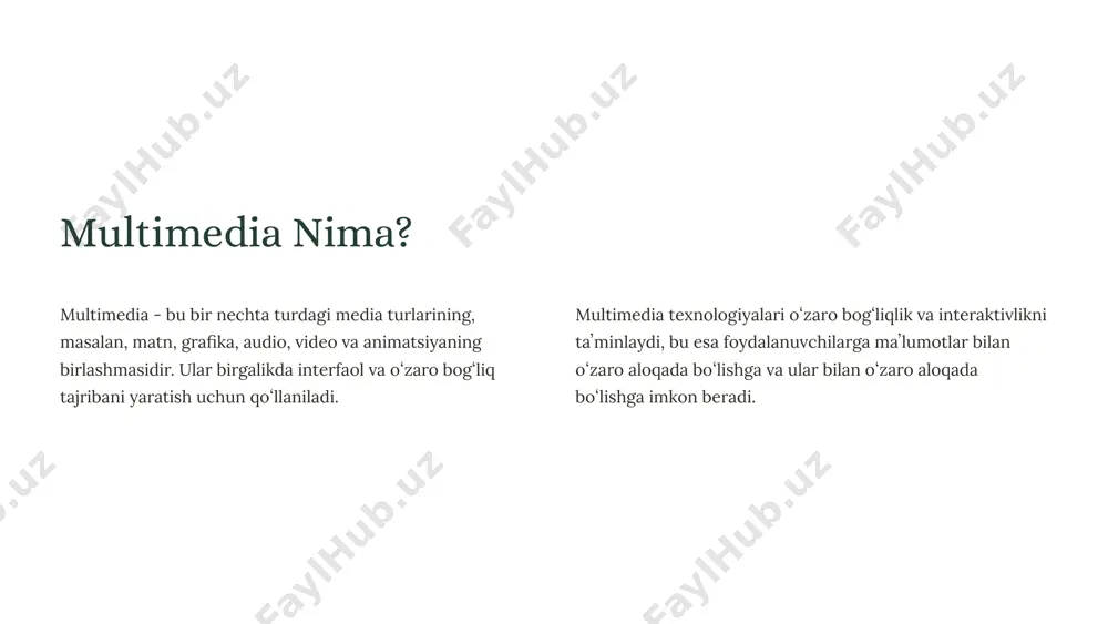 i va interaktiv qilib, foydalanuvchilarning eʼtiborini tortadi. 4 audio va video audio audio multimedia texnologiyalarida maʼlumotlarni eshitish orqali taqdim etishga yordam beradi. video video multimedia texnologiyalarining muhim qismidir. ular maʼlumotlarni eshitish va koʻrish orqali taqdim etishga imkon beradi, bu esa oʻquv jarayonlarini yanada samarali va qiziqarli qiladi. 5 virtual reallik 1 3d muhitlar vr texnologiyasi 3 oʻlchamli muhitlarni yaratish imkonini beradi. 2 interaktivlik vr foydalanuvchilarga virtual muhitlar bilan oʻzaro aloqada boʻlishga imkon beradi. 3 shoʻngʻish vr foydalanuvchilarga virtual muhitlarga shoʻngʻish va boshqa dunyolarni kashf qilishga imkon beradi. 6 multimedia texnologiyalarining qoʻllanilishi 1 taʼlim multimedia texnologiyalari taʼlimda oʻquv materiallarini vizualizatsiya qilish, interaktiv oʻyinlar yaratish va oʻquv jarayonlarini qiziqarli va samarali qilish uchun ishlatiladi. 2 sogʻliqni saqlash multimedia texnologiyalari sogʻliqni saqlashda bemorlarni xabardor qilish, tibbiy maʼlumotlarni taqdim etish va tibbiy taʼlimda qoʻllaniladi. 3 koʻngil ochish multimedia texnologiyalari oʻyin-kulgi sohasida filmlar, oʻyinlar va musiqa yaratishda ishlatiladi. 4 biznes multimedia texnologiyalari biznesda marketing, reklama, …