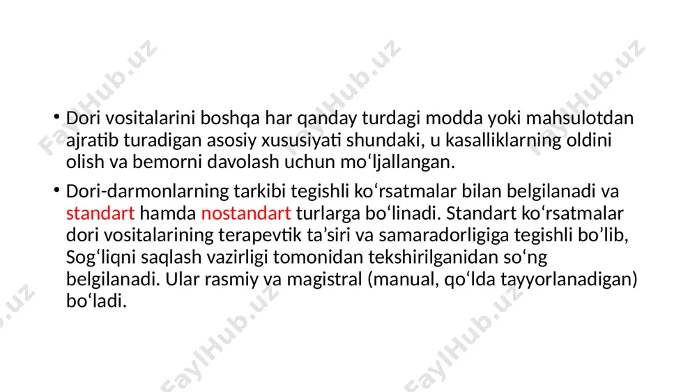 da chiqarilgan «minibelu» kitobi, yevropada 1130-y. da chop etilgan «antidotoriy» toʻplamlari ilk rasmiy farmakopeya hujjatlaridir. birinchi farmakopeya 1498-y. da florensiyada «ricettario fiopentino» nomi bilan bosilib chikdi. abu ali ibn sinoning «tib qonunlari» asari u yashagan davrda qoʻllanilgan dori vositalarini tayyorlash, ularning sifatini baholash va qoʻllanilishi haqidagi maʼlumotlari bilan oʻz zamonasining farmakopeyasi deb baholanishi mumkin. рецептларни ёзиш қонун-қоидалари рецепт (лот. recipio — қабул қилаяпман, олаяпман) — врачнинг дорихонага маълум шаклдаги ёзма мурожаати, унда дорини тайёрлаш ва бериш, шунингдек, ундан қандай фойдаланиш ҳақидаги кўрсатмалар бўлади. рецепт сиёҳ б-н ёзилиши шарт. унда беморнинг исм шарифи, ёши кўрсатилиб, ташкилот ва врачнинг муҳри бўлиши лозим. рецепт юридик ҳужжат бўлиб, дориларнинг тўғри тайёрланганлиги, муддати ва б. ни текшириш имконини беради. «rp» белгиси лотинча «recipe» феълининг қисқартирилгани бўлиб, «ол» деган маънони билдиради. дори моддаларининг номи лотин тилида қаратқич келишигида бирма-бир санаб ўтилади ва оғирлик миқдорлари грамм, дециграмм, сантиграмм ўлчов бирликларида агарда концентрацияда бўлса, фоиз, нисбат, оғирлик миқдорларида …