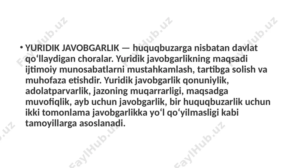 onunchiligi konstitutsiyaga va xalqaro huquqning umume’tirof etilgan normalariga asoslanadi va ushbu kodeksdan iborat. - ma’muriy javobgarlik–jamiyatda o‘rnatilgan tartib-qoidalarni bajarmaslik, masalan yo‘l harakati qoidalarini va jamoat tartibini buzish, tabiatni muhofaza etishga qarshi harakatlar va boshqalar kiradi. fuqaro yoki mansabdor shaxsning huquqni buzganligi uchun davlat (maʼmuriy organ) oldidagi jinoiy boʻlmagan javobgarligi. bu davlatning majburlov chorasi boʻlib, davlat faoliyatining turli sohalarida sodir etilgan maʼmuriy huquqbuzarlik uchun qoʻllaniladi. maʼmuriy javobgarlikda odatda, jazo berayotgan maʼmuriy organ bilan huquq normasini buzgan shaxs oʻrtasida xizmat yuzasidan boʻysunish munosabatlari boʻlmaydi. maʼmuriy javobgarlik shunisi bilan institutizomiy javobgarlikdan farq qiladi. ma’muriy-huquqiy javobgarlik bo‘yicha quyidagi jazo choralarini ko‘rsatish mumkin. : ogohlantirish; jarima solish; huquqbuzarlik quroli yoki obyekti bo‘lgan narsani musodara qilish; maxsus huquqlardan mahrum etish (ov qilish, transport vositalaridan foydalanish va hokazo); ma’muriy qamoq; axloq tuzatish ishlari va boshqalar. fuqaroviy-huquqiy javobgarlik–fuqarolik qonunchiligi qoidalarini buzgan shaxslarga nisbatan jabrlanuvchiga yetkazilgan mulkiy zararni qoplash bilan bog‘liq majburiy ta’sir chorasi qo‘llaniladi. fuqaroviy-huquqiy javobgarlik shartnoma talablarini …