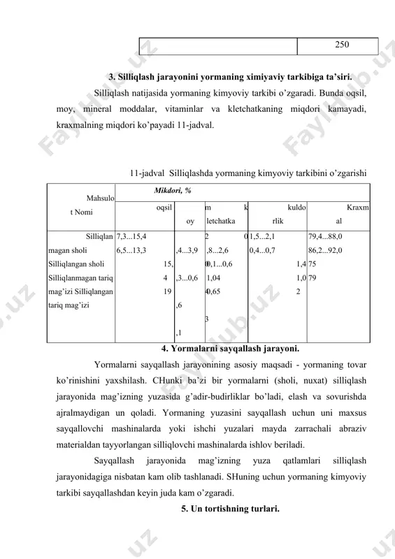 n un tortishni tasniflanishi i.a naumov tomonidan ishlab chiqilgan 10-rasm. un tortishni tasniflanishining umumiy sxemasi asosida asosida donni maydalashning takrorlanishi, texnologik sxemada alohida bosqichlarning soni va un texnologiyasida alohida o’rinni egallagan boyitish jarayonining tuzilishini murakkablik darajasi turadi. maydalash jarayonining takroriyligiga qarab un tortish bir marotabali va takroriyga bo’linadi. bir marotabali un tortishda maydalash donni maydalovchi mashinadan bir marta o’tkazish bilan boradi, masalan, bolg’ali maydalagichdan bir marta o’tkazish orqali sodir bo’ladi. bir marotabali un tortish faqat omuxta em sanoatida qo’llaniladi. dondan un tortishning barcha turlari takroriy tortish tasnifiga kiradi, bunda maydalash operastiyalari bir necha bor takrorlanadi. bunda un elaklarda ajratib olinadi, qolgan mahsulot esa mazkur tortishning vazifalarini amalga oshirguncha maydalanadi va saralanadi. texnologik jarayonni tashkil qilinishiga qarab takroriy un tortish oddiy va murakkab turlarga bo’lish mumkin. oddiy un tortishning sxemasi birta texnologik bosqichdan iborat bo’lib, bunda yirik zarrachalar maydalash operastiyasini uch yoki to’rtta sistemadan ketma - ket o’tadi. oddiy un tortishga …