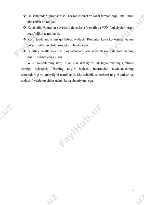atish internetdan maksimal darajada foydalanish imkonini beradi. 1-rasm. wi-fi router 3. wi-fi routerni sozlash va konfiguratsiya qilish. wi-fi routerni sozlash va konfiguratsiya qilish, uni internetga ulash va xavfsiz ishlashini ta'minlash uchun zarur bo‘lgan bosqichlarni o‘z ichiga oladi. quyida bu jarayon bosqichma-bosqich bayon qilingan: 1. routerni birlamchi ulash · quvvat manbaiga ulash: routerni elektr tok manbaiga ulang. · internet kabelini ulash: internet provayderingizdan keladigan kabelni routerning wan yoki internet portiga ulang. · kompyuter yoki qurilmani ulash: ethernet kabeli yoki wi-fi orqali qurilmani routerga ulang. 2. routerning administrator paneliga kirish · brauzer orqali ulanish: · brauzerni oching va routerning ip manzilini kiriting (odatda: 192.168.1.1 yoki 192.168.0.1). · kirish ma’lumotlari: · odatda foydalanuvchi nomi va parol standart bo‘ladi (admin/admin yoki admin/password). · agar ma’lumotlar o‘zgartirilgan bo‘lsa, routerning orqa panelidagi yozuvni tekshiring. 3. internet sozlamalarini kiritish · internetga ulanish protokoli: · dhcp: provayder avtomatik ip manzilni beradi (odatda oddiy ulanish uchun ishlatiladi). · pppoe: …