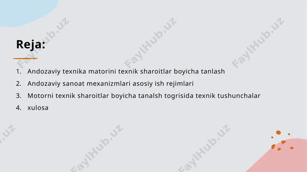 sh rejimi grafigi 3. qisqa mudatli-qaytariluvchi (siklik) ish rejimi. bunda tt mexanizmnig ishlash vaqti, t0 – mexanizmning ishlamaydigan vaqti,. sikl vaqti mexanizmning ishlash va ishlamaydigan vaqtlarining yigindisiga teng: = t0+ts. siklik rejimni ta’reflash uchun nisbiy ishchi davomiylik ishchi davomiylik koefisientida foydalaniladi bu rejimda motorning harorati turgun haroratiga yetmaydi va toxtab ishlamaydigan davri qisqa bolib, motor harorati atrof-nuhit haroratigacha tushmaydi. bunday rejimda kranlar, liftlar, metal kesuvchi stanoklar ishlaydi. e=ti/tl+t0 p p ti t0 tl motorni texnik sharoitlar bo’yicha tanlash togrisida umumiy tushunchalar andozaviy sanoat mexanizmlarining motorlarini texnik sharoitlar boticha tanlash quyidagi shartlar asosida bajariladi. 1. motorning va ishchi organning quvvatlari mosligi. motorni texnik sharoitlar bo’yicha tanlash togrisida umumiy tushunchalar 2. ishlab chiqarish korxonasi elektr tarmog’iga mosligi. eng ko’p tarqalgan asm larning o’zgaruvchan tok motorlari 127/220, 220/380, 500, 3000, 6000, 100000 v. o’zgarmas tok motorlari 220 va 440 v standart 330, 660-900v kuchlanishiga ishlab chiqariladi. 3. asm lar uchun aksariyat motorlar gorizontal …