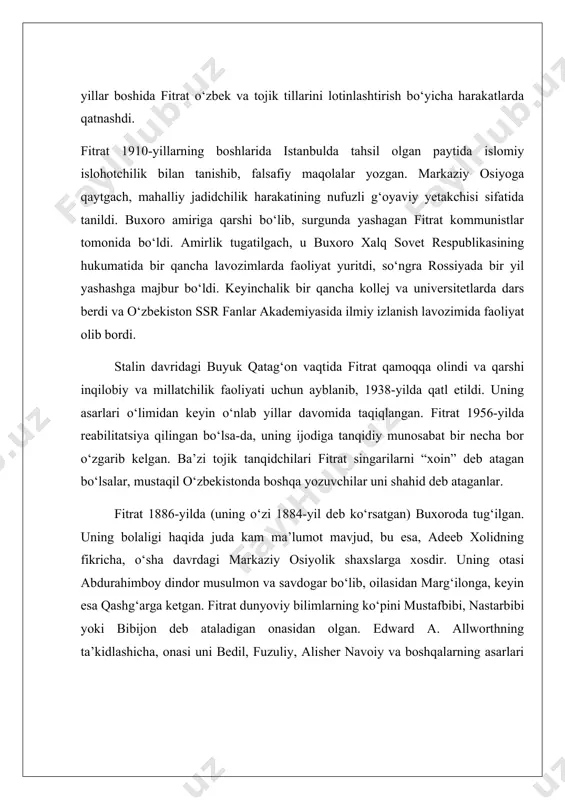 omli yashirin jamiyat tomonidan berilgan grant tufayli fitrat istanbulga bora oldi. u u yerga 1910-yil bahorida, eng birinchi guruhdan ko‘p o‘tmay yetib keldi. peshavardagi universitetdan sarfraz xonning aytishicha, ba’zan fitratning turkiyaga jo‘nashi 1910-yil yanvarida buxoroda shia va sunniy musulmonlari o‘rtasidagi mojaro ortidan hokimiyat tomonidan quvg‘inga uchrashdan qochish harakati sifatida tasvirlanadi. boshqa mualliflar esa fitratning ketishini 1909-yilga taalluqli deb hisoblaydi. choʻlpon (asl ism-sharifi abdulhamid sulaymon oʻgʻli yunusov; 1897-yil, andijon – 1938.4.10, toshkent) – shoir, yozuvchi, dramaturg, tarjimon, tanqidchi va jamoat arbobi. dastlab, madrasada (1908-1912), soʻngra rus-tuzem maktabida (1912-1914) oʻqigan. sharq mumtoz shoirlari asarlarini mutolaa qilish va jadid matbuotini kuzatish yoʻli bilan adabiy, ijtimoiy-siyosiy bilimini oshirgan. adabiy ijodi 1913-1914-yillarda andijonning ijtimoiy va madaniy hayoti haqida xabarlar yozish bilan boshlangan. 1914-yil toshkentda munavvar qori abdurashidxonov va ubaydulla xoʻjayev bilan tanishish choʻlponning milliy uygʻonish harakati namoyandasi sifatida shakllanishida muhim omil boʻlgan. choʻlpon „sadoi turkiston“ gazetasida dastlabki „turkistonli qardoshlarimizga“ sheʼri, „qurboni jaholat“, „doʻxtir muhammadyor“ hikoyalari …