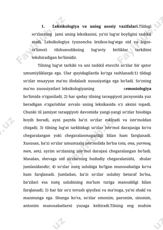 munosabatini bildiradi, ba’zan esa faqat grammatik ma’no ifodalaydi. biroq ular qanday ma’no ifodalashidan qat’iy nazar, so‘z hisoblanadi. so‘zning ob’yektiv borliqdagi narsa, belgi, harakat kabilar haqidagi ma’lumoti leksik ma’no deyiladi. masalan, anor, tosh so‘zlarining narsa haqida ma’lumot berishi, qattiq, shirin so‘zlarining belgi haqida ma’lumot berishi shular jumlasidandir. demak, so‘z borliqdagi narsa, belgi, harakat kabilarning atamasi – nomi bo‘lishi yoki aksincha bunday xususiyatga ega bo‘lmasligi mumkin. shunga ko‘ra ular mustaqil va yordamchi so‘zlar turkumlariga ajratiladi. tildagi mustaqil so‘zlargina leksik(lug‘aviy) ma’noga ega bo‘ladi va ular leksikologiyaning asosiy o‘rganish manbai hisoblanadi. so‘zning borliqdagi narsa, belgi, harakat kabilarni atash, nomlash xususiyati esa uning nominativ funksiyasi deyiladi. 3. monosemantik va polisemantik so‘zlar. tildagi so‘zlar bir va birdan ortiq ma’noga ega bo‘lishi mumkin. bir ma’nolilik hodisasi monosemiya, ko‘p ma’nolilik hodisasi esa polisemiya deb yuritiladi. masalan, marmar, g‘oya, xulosa, taassurot kabi so‘zlar va ilm - fan sohalariga doir atamalar bir ma’noli so‘zlardir. o‘z va ko‘chma ma’nolari tufayli ikki …