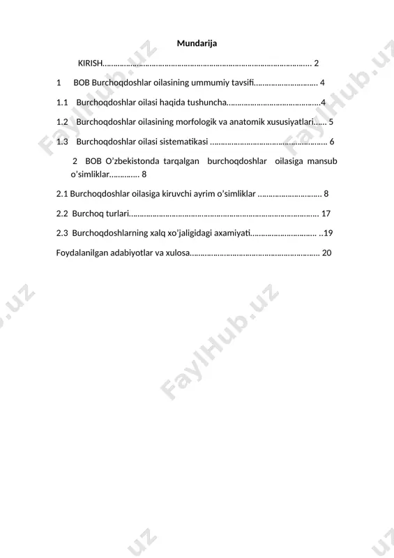 lari ilmiy-amaliy ahamiyati: mazkur kurs ishi talabalarga burchoqdoshlar oilasi haqida chuqur bilim beradi, ularni qishloq xo‘jaligi, seleksiya, ekologiya va biologiya sohalarida qo‘llash imkoniyatlarini o‘rgatadi. bundan tashqari, mavzuni o‘rganish ekologik barqarorlikni ta’minlash va biologik xilma-xillikni saqlashda muhimdir. 1bob burchoqdoshlar oilasining ummumiy tavsifi 1.1 burchoqdoshlar oilasi haqida tushuncha burchoqdoshlar ajdoddagi eng yirik oilalardan bolib, 650 ta turkumga mansub 18000 ta turlarni o'z ichiga oladi. ular yer shari boylab keng tarqalgan.hayotiy shakliga kora o't, yarimbuta, buta va daratlardan iborat. barglari asosan murakkab ba'zan oddiy, hamisha yonbargchali. gullari ikki jinsli, zigomorf, ba'zan aktinomorf, shingilsimon, kallaksimon yoki yoyiq to pgullarda o'rnashgan.gulkosachabargi 5 ta, ba'zan 4 ta, ko'pincha qo shilib o'sgan. gultojbarglari ham 5tadan ustki yirik gultojibargga yelkan, ikkita yonidagisiga ostkisiga qayiqcha deyiladi. urug'chisi asosan 10 ta, 9 tasi qo'shilib o'sgan, bittasi erkin o'rnashgan. urug'chisi bitta, atrofi qo'shilib o'sgan changchilari bilan oralgan. tugunchasi ustki. gul formulasi: ca5,co 1+2+2)ag9+1g1. mevasi turlicha shakldagi dukkaklardan iborat. hasharotlar orqali va …