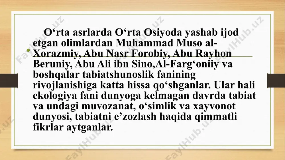 bn sinoning tog‘larning vujudga kelishi, еr yuzining davrlar o‘tishi bilan o‘zgarib borishi, zilzilaning bo‘lishi kabi turli tabiiy jarayonlar haqidagi fikrlari geologiya ilmining rivojlanishiga katta hissa qo‘shdi. zahiriddin muhammad bobur (1483-1530 y.y.). bobur nafaqat shoir balki podsho, ovchi, tarixchi, bog‘bon va tabiatshunos bo‘lgan. "boburnoma" asarida bobur o‘zi ko‘rgan-kechirganlari, yurgan joylari tabiati, boyligi, urf-odati, xayvonoti, o‘simliklarini tasvirlagan. asarda еr, suv, havoga tegishli xalq so‘zlari ko‘plab uchraydi. bobur o‘z asarida joyning geografik o‘rni, qaysi iqlimga mansubligi, o‘simliklari, hayvonlari haqida bayon etgan va o‘rta osiyoda qadim vaqtlardan buyon qovun, bug‘doy, o‘rik, nok va mevalarning bir necha navlari borligi haqida ta’kidlagan. asarda bobur borgan joylarning tabiati va o‘ziga xos hususiyatlarini andijon bilan taqqoslagan, hamda o‘rta osiyo, afg‘oniston, xuroson va hindistondagi xayvonot dunyosi haqida batafsil bayon etib bergan. 2.bolalarni tabiat yordamida tarbiyalash haqida g‘arb pedagoglari pedagogic psixologik qarashlari. tarixda pedagogika nazariyasi asoslarini shakllantmrishda qadimiy gresiyaning atoqli filosoflari platon va aristotel, italiyalik pedagog mark fabi qvintilianlarning qarashlari …