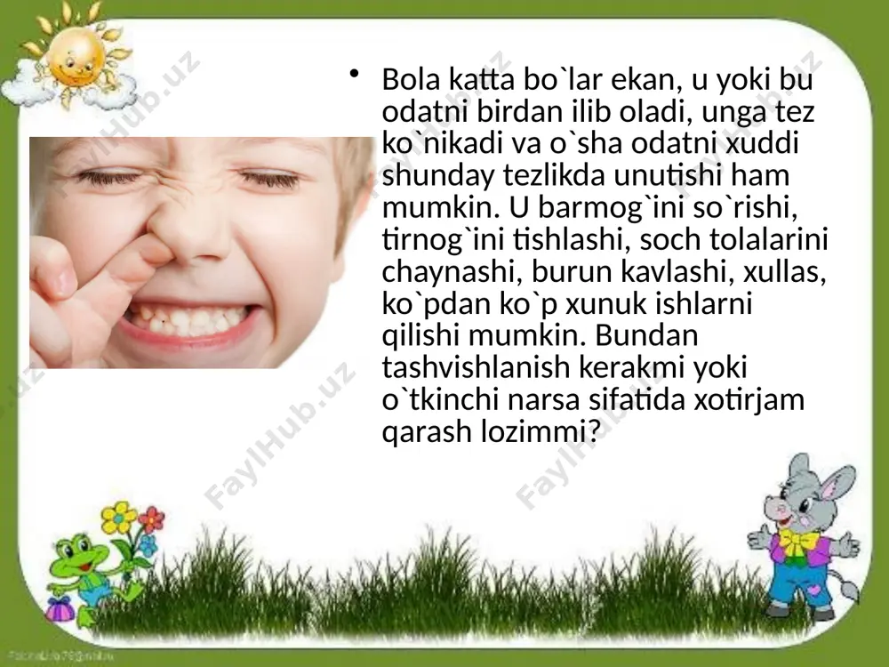 r, aynan shu instinkt tufayli u tug`iliboq onasining ko`kragini ema boshlaydi. ammo ayrim bolalar yoshlari katta bo`lgach ham, so`rg`ich yo barmoqni so`rishda davom etaveradilar. ba`zilar esa chaynashni yaxshi ko`rishadi: ruchkani, sochni, yoqa yoki engni. nimanidir so`rish yoki chaynash odati bola ruhiyatining xotirjam emasligi, uni nimadir bezovta qilayotgani bilan bog`liq bo`lishi mumkin. shu sababli, avvalo, uning asabiy holatini yaxshilash, tinchlantirish lozim. olaylik, ona kechki payt bolasi karavoti yoniga o`tiradi va unga shirin allalar yo ertaklar aytib beradi. ba`zida shunchaki dildan suhbatlashish ham mumkin. shuningdek, ikki yarim-uch yoshlik bolalarga yumshoq o`yinchoqlar ham tinchlantiruvchi vazifasini bajaradi. stomatologik kasalliklar profilaktikasida og‘iz bo‘shlig‘i gigiyenik holati va kariyes tarqalish ko‘rsatkichi chambarchas bog‘liq. ushbu kasalliklarning juda yuqori saviyada davolash bilan uning jadal tarqalish ko‘rsatkichini pasaytirib bo‘lmaydi. shuning uchun yuqorida aytib o‘tilgan kasalliklarni kamaytirish va oldini olishga qaratilgan profilaktik chora-tadbirlar qamrovini kengaytirish kerak. insonni go‘daklik davridan boshlab og‘iz bo‘shlig‘ining shaxsiy gigiyena qoidalariga rioya qilishga o‘rgatish, ularda ratsional muvofiqlashtirilgan …
