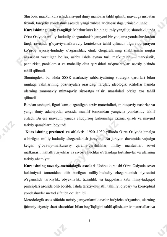 lar boʻyicha oʻrganish, ularning ijtimoiy-siyosiy shart-sharoitlari bilan bogʻliqligini tahlil qilish, arxiv materiallari va tarixchi olimlarning ilmiy ishlari asosida izchil xulosalar chiqarishga ahamiyat berildi. ishning hajmi va strukturasi. kurs ishi kirish, sakkizta bo`limdan , xulosa va foydalanilgan adabiyotlar ro‘yxatidan iborat. ishning umumiy hajmi __ betni tashkil qiladi. ish davomida beshta ilmiy manba va tarixiy hujjatlardan foydalanilgan. 1.oʻrta osiyoda milliy-hududiy chegaralanish siyosatining kelib chiqish sabablari sovet ittifoqi o‘zining millatlar siyosatini amalga oshirishda milliy davlatlarni sunʼiy ravishda chegaralash yo‘lidan bordi. bu siyosatning maqsadi millatlarni boshqarishni osonlashtirish, ularni yagona boshqaruv tizimiga bo‘ysundirish va qarshilik harakatlarini bostirish edi. sovet rahbariyati oʻrta osiyoda milliy davlatlarni tashkil etish orqali mahalliy millatlar oʻrtasida bir-biriga qarshi raqobat muhitini shakllantirishga harakat qildi. bu usul orqali moskva mintaqadagi mustaqillik harakatlarini kuchsizlantirishni rejalashtirdi. oʻrta osiyoda milliy-hududiy chegaralanish — mustabid sovet rejimi tomonidan turkiston xalqlarining "milliy davlatlarini tashkil qilish" niqobi ostida ularni ajratib tashlash maqsadida amalga oshirilgan siyosiy tadbirning eng asosiy sabablari sovet …