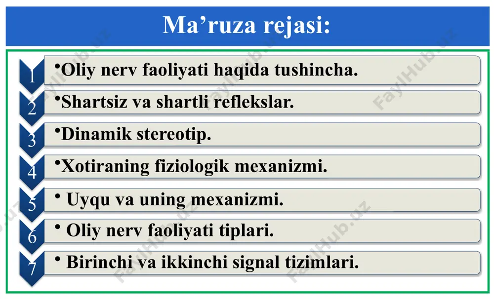 funksiyalarini ob’ektiv eksperimental metod bilan tekshirish yoʻllarini topdi va oliy nerv faoliyati haqida muntazam ta’limot yaratdi. markaziy nerv sistemasining quyi boʻlimlarida - poʻstloq ostidagi yadrolar, miya stvoli, orqa miyada - reflektor reaksiyalar irsiyat yoʻli bilan mustahkamlangan tugʻma nerv yoʻllari orqali yuzaga chiqsa, katta yarim sharlar poʻstlogʻida nerv aloqalari hayvonlar bilan odamning individual hayot jarayonida, organizmga son sanoqsiz sharoitlar ta’sir etishi natijasida vujudga kelishini i.p.pavlov koʻrsatib berdi. 2. shartsiz va shartli reflekslar. oliy nerv faoliyati oʻzgaruvchi tabiat va ijtimoiy sharoitlarga organizm fe’l-atvorini moslashtiruvchi shartsiz va shartli reflekslar va oliy psixik faoliyatlar majmuidir. oliy nerv faoliyati reflektor tabiatga ega ekanligi birinchi boʻlib i.m.sechenov tomonidan e’tirof etilgan, soʻngra bu fikr i.p.pavlov tomonidan tajribada tasdiqlangan va miyaning oliy qismi faoliyatini baholab bera oladigan-shartli refleks usuli yaratilgan. 2. shartsiz va shartli reflekslar. shartsiz reflekslar shartli reflekslar 1. tugʻma, nasldan-naslga beriluvchi reaksiya, koʻpchiligi tugʻilishi bilan oʻzini namoyon qiladi. 1. individual hayot natijasida orttirilgan reaksiya. 2. turga …