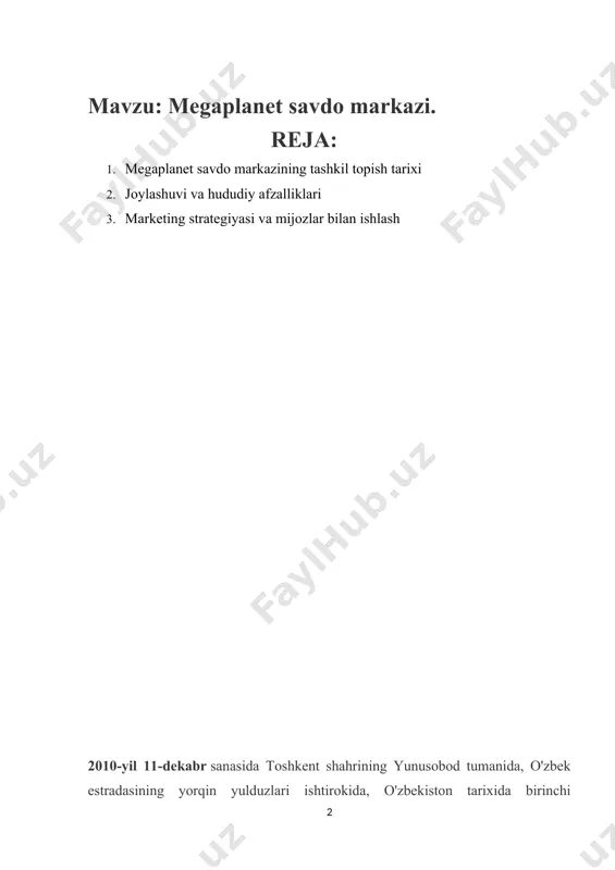 ar bir qavatda turli yo‘nalishdagi xizmat va mahsulotlar taklif qilinadi: · 1-qavat: brend kiyim-kechaklar, poyabzallar, aksessuarlar do‘konlari; · 2-qavat: bolalar o‘yin zonalari, o‘yinchoqlar, kitob do‘konlari; · 3-qavat: kinozallar, fastfud va restoranlar, dam olish joylari; · yerto‘la (yoki pastki qavat): supermarket va texnika do‘konlari. ko‘ngilochar xizmatlar megaplanet faqatgina savdo markazi emas, balki dam olish va ko‘ngilochar maskan hamdir. quyidagi xizmatlar mavjud: · kinozallar (3d/4d formatda) – yangi chiqgan filmlarni tomosha qilish uchun zamonaviy texnologiyalar bilan jihozlangan. · bolalar o‘yin maydonchalari – xavfsiz va interaktiv o‘yin uskunalari. · restoran va kafe zonasi – milliy va xalqaro oshxonalar taomlarini taqdim etadi. texnologik va xavfsizlik tizimi savdo markazi zamonaviy xavfsizlik standartlariga javob beradi: · videokuzatuv tizimlari (cctv); · yong‘inga qarshi signalizatsiya va evakuatsiya yo‘llari; · liftlar va eskalatorlar; · internet va wi-fi zonalari. ijtimoiy ahamiyati megaplanet nafaqat tijorat nuqtai nazaridan, balki ijtimoiy hayotda ham muhim rol o‘ynaydi. unda: · yarmarkalar; · madaniy ko‘rgazmalar; · …