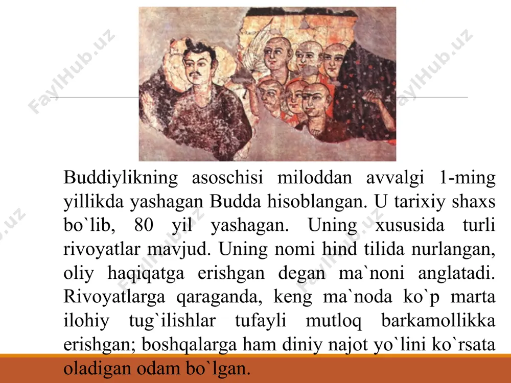 erilgan. hozirgi kunda buddaning beshta biografiyasi ma’lum: «maxavostu» – milodning ii asrida yozilgan, «lalitavistara» – milodning ii–iii asrlarida yuzaga kelgan, «buddaxacharita» – budda faylasuflaridan biri ashvagxoshey tomonidan milodning i–ii asrlarida yaratilgan, «nidanakatxa» – milodning i asrida yozilgan va «abnixishkramansutra». buddaviylik hisobiga ko‘ra esa, butama – budda mil. av. 623- yilda tug‘ilib, 544-yilda vafot etgan. siddxartxa shakya qabilasining podshohlaridan biri shuddxodananing o‘g‘li bo‘lgan. uning saroyi himolay tog‘lari etagida kapilavasti degan qishloqda bo‘lgan (hozirda nepal hududida). onasi – malika mayya. podshoh o‘z o‘g‘lini orzu havaslar og‘ushida tarbiyalab, uni hech bir kamchiliksiz katta qiladi. siddxartxa ulg‘ayib qo‘shni podshohlardan birining qizi yashadxaraga uylanadi va o‘g‘il ko‘rib, unga raxula deb ism qo‘yadi. buddaning hayoti haqida turli afsonalar ham mavjud. bu afsonalarda aytilishicha, budda ko‘p yillar davomida yer yuzidagi turli qiyofada qayta tug‘ilgan: 84 marta ruhoniy, 58 marta podshoh, 24 marta rohib, 13 marta savdogar, 18 marta maymun, 12 marta tovuq, 8 marta g‘oz, 6 marta …