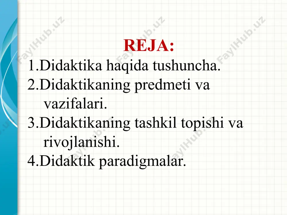 v asrda paydo bo‘lgan. keyinchalik xitoy, misr va markaziy osiyo davlatlarida rivoj topgan. bu so`z 1613 yili germaniyada nemis pedagogi volfgang ratke (1571-1635) tomonidan kiritilgan. bu tushunchani shunga o`xshash usulda buyuk chex pedagogi yan amos komenskiy (1592-1670) “buyuk didaktika” nomili mashgur asarida tilga olindi. lekin komenskiy “didaktika bu faqat ta`limgina emas, balki tarbiyalash ham”, -deb ta`kidlaydi. mazkur asarda olim ta`lim nazariyasining muhim masalalari: ta`lim mazmuni, ta`limning ko`rgazmaliligi, ketma-ketligi kabi tamoyillari, sinf-dars tizimi borasida so`z yuritiladi. didaktika haqida hadislar va allomalar fikrlari muhammad payg‘ambar: “ilm egallang! ilm - sahroda do‘st, hayot yo‘llarida tayanch, yolg‘izlik damlarida yo‘ldosh, baxtli daqiqalarda rahbar, qayg‘uli onlarda madadkor, odamlar orasida zebu-ziynat, dushmanlarga qarshi kurashda quroldir”.(axloq odobga oid hadislardan). imom al buxoriy. dunyoda ilmdan boshqa najot yo‘q va bo‘lmag‘ay. o‘quv qayda bo‘lsa, ulug‘lik bo‘lar. bilim qayda bo‘lsa, buyuklik bo‘lar. yusuf xos xojib. ilm inson uchun g‘oyat oliy va muqaddas bir fazilatdir. ilmsiz inson mevasiz daraxt kabidir. abdullo avloniy. …