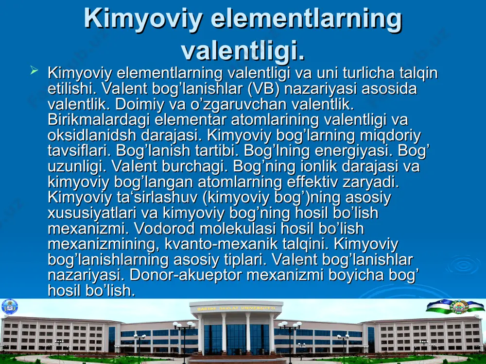og’lanish) hamda vodorod bog’lanish kiradi. kimyoviy bog’lanish valentlik bilan xarakterlanadi. valentlik termini (atamasi) kimyoga 1853 yilda ingliz kimyogar olimi franklend tomonidan kimyoviy birikmalardagi element atomlarining miqdoriy nisbatlarini asoslash uchun kiritilgan. valentlik ta‘limtining rivojlanishi ko’p jihatdan d.i.mendeleevning davriy sistemasining ochilishi bilan bog’liqdir. d.i.mendeleev element valentligi va uning davriy sistemadagi o’rni orasi dagi bog’liqlikni aniqladi. elementlarning fodorod hamda kislorod bilan birikmalarida o’zgaruvchan valentlik namoyon qilish tushunchasini kiritdi. atom molekulalarning tuzilishi to’g’risidagi ta‘limot valentlikni elektron nazariyasini ishlab chiqilishiga imkoniyat yaratdi. valentlik stexiometriyasi. massalar ta‘siri, tarkibning doimiylik qonunlari asosida qaytmas (oxirigacha boradigan reaktsiyalarda biror moddaning aniq massasi reaktsiya) uchun olingan yoki reaktsiya mahsulot asosida hisoblash mumkin. buning uchun reaktsiya tenglamasi aniq bo’lishi kerak. bunday hisoblashlar kimyo bo’limida stexiometriya deyiladi. stexiometrik hisoblashlar hamda kimyoviy formulalar va tenglamalar tuzish uchun o’zaro birikayotgan va ta‘sirlashayotgan har-xil elementlar atomlarining miqdoriy nisbatlarini bilish zarur. elementning valentlik steximetriyasi – bir valentli element atomining berilgan element atomi bilan qancha atom birika …