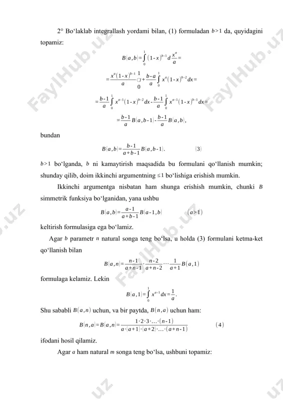 orqali ratsional kasr ko‘rinishida ifodalanadi. demak, qaralayotgan ie integral ratsional kasrli integralga keltirilib, ko‘zlangan maqsadga erishildi. misol sifatida ushbu integralni hisoblaymiz : . bu yerda а=1>0 bo‘lgani uchun almashtirish bajaramiz. bu holda . bu tengliklarni berilgan integralga qo‘yib, quyidagi natijalarga kelamiz: . ii hol. endi c>0 bo‘lsin. bu holda ie integralni hisoblash uchun ushbu eylerning ii almashtirmasidan foydalanamiz: . bu almashtirma natijasida ratsional kasrli integralga kelamiz. misol sifatida ushbu integralni hisoblaymiz: . eylerning ii almashtirmasiga ko‘ra quyidagilarni olamiz: . hosil qilingan bu ifodalarni berilgan integralga qo‘yamiz: = . iii hol. qaralayotgan ie integral ostidagi kvadrat uchhad va haqiqiy ildizlarga ega, ya’ni diskriminant d=b2–4ac>0 bo‘lsin. bu holda ko‘rinishdagi eylеrning iii almashtirmasidan foydalanib, integral ostidagi ifodani ratsional kasr ko‘rinishiga keltiramiz. misol sifatida integralni hisoblaymiz. bu yerda 2+х–х2 kvadrat uchhad =–1 va =2 haqiqiy ildizlarga ega va uni 2+х–х2 = (х+1) (2–х) ko‘rinishda yozish mumkin. shu sababli eylerning iii almashtirmasidan foydalanamiz va undan …