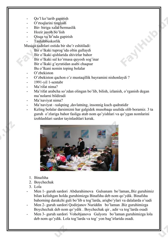 hiqamiz.shuning uchun “quvnoq poyezd” ning shartlarini bajarsak poezdda sayohatda chiqishimiz mumkin. 1. hozirjavoblik sharti har bir guruhga o’tilgan darslar yuzasidan test savollari beriladi. i guruh 1. vatanimiz nomi nima? a) o’zbekiston b) zarkent d) namangan 2. ayoz bobo qaysi faslda keladi? a) bahorda b) qishda d) yozda 3. abu-ali ibn sino kim? a) olim b) munajjim d) hakim ii guruh 1. a.navoiy kim bo’lgan ? a) davlat arbobi, shoir b) shox va shoir d) dehqon 2. “aytsalar oyim bizga, uyqu keladi ko’zga ” topishmoqni toping a) tush b) uyqu d) ertak 3. 8- mart kimning bayrami? a) onalar b) akalar d) otalar ii guruh 1. a.temur kim bo’lgan ? a) buyuk shoir b) buyuk sarkarda d) shox va shoir 2. andijonda tug’ilgan shox va shoir kim? a) z.m.bobur b) a.navoiy d) m.ulug’bek 3. lola qaysi faslda ochiladi? a) bahorda b) kuzda d) yozda ii shart xotira mashqi(2 daqiqa) har bir …