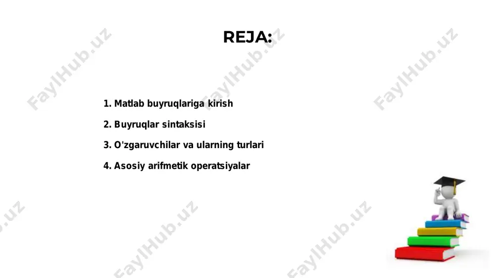 aniladi. masalan, a + b ifodasi ikkita sonni qo‘shish uchun ishlatiladi va natija olinadi. standard funktsiyalar sin, cos, sqrt kabi ko‘plab amallarni tez bajarishga yordam beradi. ular orqali matematik hisoblashlarni ancha osonlashtirish mumkin bo‘ladi. matlabdagi mantiqiy buyruqlar 01. 02. 03. matlab dasturida mantiqiy buyruqlar dastur oqimini boshqarish uchun muhim rol o‘ynaydi. bular if, else, elseif kabi shart operatorlaridir. shartli operatorlar yordamida dasturni turli holatlarga qarab boshqarish mumkin. masalan, if orqali shart bajarilsa, kerakli kod ishlaydi. matlabda standart matematik funktsiyalar mavjud bo‘lib, ular orqali arifmetik, logik va statistik hisob- kitoblar tez va aniq bajariladi. standart matematik funktsiyalar matlab dasturida standart matematik funktsiyalar matematik hisob- kitoblarni soddalashtiradi. ular yordamida kvadrat ildiz, sinus, kosinus kabi funktsiyalarni bajarish mumkin. standard funktsiyalar yordamida murakkab matematik formulalarni ishlab chiqish qulay. ular orqali integral, hosila va logarifm kabi operatsiyalarni tez bajarish mumkin. bu funktsiyalar matlabda oldindan yozilgan va chaqirilganda avtomatik ishlaydi. foydalanuvchi faqat kerakli parametrlarga mos tarzda …