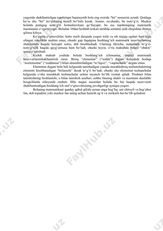 o`zgaruvchan sharoitlarda mustaqil aktiv qo`llanishlar natijasidagina erishish mumkin ekanini isbotlab berishgan. bolalarning boshlang`ich sinflardan yuqori sinflarga o`tishda muqarrar sodir bo`ladigan qiyinchiliklarni shu asosda silliqlab yuborish mumkin”. boshlang`ich sinflarda o`qitish tarbiya bilan uzviy bog`lab amalga oshirilishi kerak. o`qitishning bu muhim vazifasi o`quv protsessida o`quvchilarda dialektik materialistik dunyoqarash, kommunistik axloqni kundalik xulqning asosi sifatida shakllantirishga: sovet kishisi shaxsining ko`pgina qimmatli xususiyat va sifatlarini shakllantirishga eng qulay sharoitlar yaratib berish zarurligini ifodalaydi. boshlang`ich sinflarda tarbiyalovchi ta`lim shu vaqtning o`zida rivojlantiruvchi ta`lim hamdir. tarbiyalovchi ta`limning bu funksiyasi hozir amaldagi programma bilan ishlash munosabati bilan ayniqsa o`sib ketdi: ta`lim(o`qitish) kuzatuvchanlik, tafakkur, nutq, xotira, tasavvurning rivojlanishini ta`minlaydi va shu tariqa insonni mehnatga tayyorlaydi. boshlang`ich matematika o`qitishning ta`limiy va tarbiyaviy vazifalarini hal qilish ko`p jihatdan o`quvchilarning bu kursni o`rganishga tayyorgarlik darajasiga, bolalar bog`chalarining tayyorlov gruppalari programmasi va maktablar qoshidagi tayyorlov sinflari programmasida nazarda tutilgan rivojlantiruvchi va o`rgatuvchi xarakterdagi masalalarni hal qilish darajasiga bog`liq va ko`p jihatdan shular …