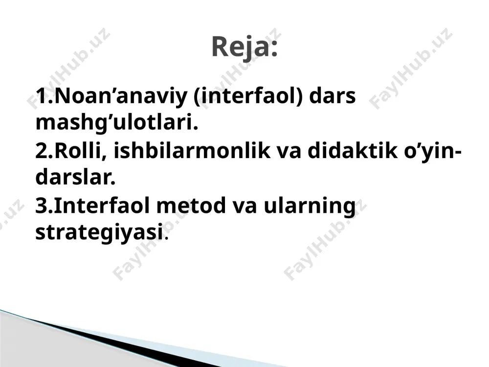 o’proq mas’uliyat olishga majbur qiladi. afzalliklari: masalan: talabalarga pedagogika tarmoqlarini sanab berish topshiriladi. javob berilayotganda – javoblar izohlanmaydi yoki o’rinsiz deb rad etilmaydi. javoblar tugagach talabalar o’qituvchi bilan birgalikda javoblarni muhokama qilishadi. yoki psixologiyadan tafakkur operastiyalarini sanab berish topshiriladi. gurux a’zolari shu mavzu yuzasidan gaplashib, miyaga nima kelsa, shularning hammasini daftarga yozib olishadi. keyin hamma o’z fikrini bayon etadi. g’oyalarni yozish uchun bir kishini ajratish kifoya qiladi. bu metod guruhni birlashtirib, yakdil qiladi. interfaol mashg’ulot turlari: miya hujumi topshiriq yozib qo’yilgan qog’oz varag’i davra bo’ylab o’tkaziladi. har bir talaba o’zining javob variantini yozib qo’yadi va varaqni boshqa talabaga uzatadi. javoblar tugagach, muhokama bo’ladi. noto’g’ri javoblar o’chiriladi, to’g’ri javoblar soniga qarab talabalar baholanadi. masalan: 1 pedagogikaning asosiy kategoriyalarini ko’rsating. 2 pedagog mahoratlarini aytib bering. yoki 1 shaxs komponentlarini belgilab bering. 2 leongard bo’yicha xarakter xususiyatlarini sanab bering va h. k. dumaloq stol metodi: guruh 3 ga bo’linadi pedagog – talaba - …