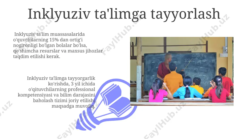 kerak. maxsus ehtiyojli bolalar bilan ishlash metodlari differensial ta'lim tamoyillarini qo'llash, ya'ni har bir bolaga uning imkoniyatlari va ehtiyojlariga moslashtirilgan dasturlarni ishlab chiqish va amaliyotga tatbiq etish, muvaffaqiyat darajasini 20% ga oshiradi. o'quv jarayonida o'yin texnologiyalari va ijtimoiy-kommunikativ ko'nikmalarni rivojlantirishga qaratilgan 5 ta va undan ortiq turdagi interaktiv usullardan foydalanish bolalarning motivatsiyasi va o'rganish samaradorligini sezilarli darajada yaxshilaydi. pedagogik kadrlar malakasini oshirish o‘qituvchilarning inklyuziv ta’limga oid bilim va ko‘nikmalarini baholash uchun standartizatsiya qilingan testlarni joriy etish va 70% dan yuqori natija ko‘rsatganlarni sertifikatlash muhim ahamiyatga ega. inklyuziv ta’limga o‘tish uchun kamida 3 yillik davom etgan malaka oshirish dasturi loyihalashtirilishi, unda 1000 dan ortiq o‘qituvchi ishtirok etishi va yangi texnologiyalarni qo‘llash ko‘zda tutilishi zarur. mavjud muammolar va ularning yechimlari 01 02 inklyuziv ta'limda malaka oshirish kurslariga qatnashgan o'qituvchilar soni 20% dan kam bo'lib, bu mutaxassislarning yetarli darajada tayyorlanmaganligini ko'rsatadi; yechim sifatida – ixtisoslashgan treninglar sonini 50% ga oshirish kerak. sales 1st …
