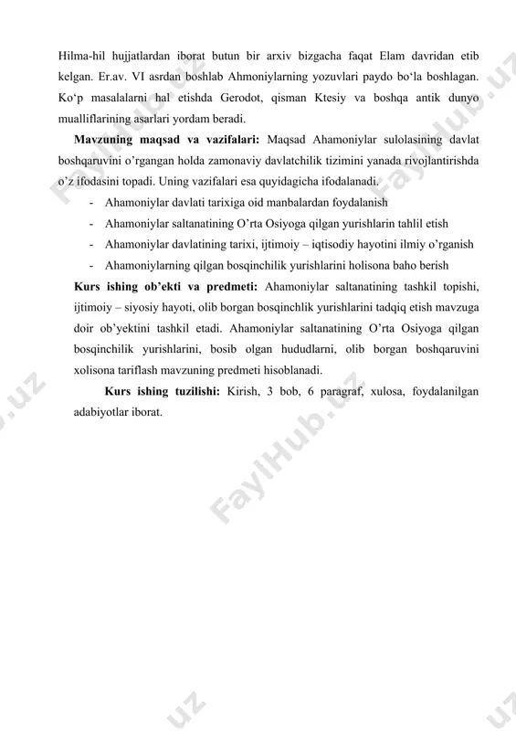 z i davrida (mil. avv. 600-559) middiyaga itoat etganlar. kambiz i bilan midiya shohi asteagning qizi o’rtasidagi nigohdan kir ii (kayxusraf ii ) dunyoga keladi2. kambiz ii vafot etgach parsua taxtiga kir ii o’tirib, mil.avv. 559-yilda pasargada shahrini qurdirib, uni davlat poytaxtiga aylantiradi. mil. avv. 553-549-yillar mobaynida olib borilgan urushlarda kir ii bobosi asteag qo’shinlarini yengib, midiya va elamni parsuaga qo’shib oladi. shu tariqa ahamoniylar sulolasi asos solgan ahamoniylar ya’ni eron davlati tashkil topadi. bu davlat qariyb ikki yuz yil mobaynida yashagan. uning hududlari misrdan to shimoli- 1 abdurahimova. n, isakova. m, suleymanova. z – davlat muassasalari tarixi., toshkent., “sharq”., 2007. -b.67. 2 shamsutdinov. r, karimov. sh – vatan tarixi. birinchi kitob., toshkent., “sharq”., 2010. -b.32. g’arbiy hindistonga qadar cho`zilgan edi. ahamoniylar davlati poytaxti pasargad, persopol, suza shaharlari bo`lgan. forslarga qadar suzada elamitlar yashaganlar. forslar dastlab faqat janubiy eron hududlarida yashaganlar. so`ngra ular butun eron hududini egallaganlar. ariylar qabilalari joylashgan …