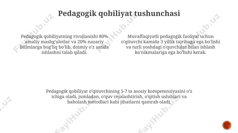 millari bilan shakllanadigan psixologik xususiyatlar majmuidir, odatda 7 dan ortiq komponentga ega. qobiliyat darajasi psixometrik vositalar, masalan, standartlashtirilgan testlar yoki psixologik baholash usullari yordamida aniqlanadi va 1 dan 100 gacha bo'lgan ballar bilan ifodalanadi, bu erda 100 yuqori ko'rsatkich hisoblanadi. zamonaviy ta'limda qobiliyat ahamiyati ta'lim jarayonida o'quvchilarning individual qobiliyatlari va ehtiyojlarini hisobga olish, ya'ni differensiatsiya va individualizatsiya yondashuvlari samaradorligini 30% ga oshirishi isbotlangan. zamonaviy ta'limda o'quvchilarning 21-asr ko'nikmalarini, masalan, muammo yechish va tanqidiy fikrlash qobiliyatlarini rivojlantirishga alohida e'tibor qaratiladi, bu ularning kelajakdagi muvaffaqiyatlari uchun juda muhimdir. o'qituvchilarning pedagogik mahorati va zamonaviy texnologiyalarni qo'llash qobiliyati o'quv natijalarini 15-20% ga yaxshilashga hissa qo'shadi va shu bilan birga o'quvchilarning bilishga bo'lgan qiziqishini oshiradi. pedagogik qobiliyat turlari pedagogik qobiliyatlarning 3 ta asosiy turi mavjud: tashkiliy, kommunikativ va diagnostik qobiliyatlar boʻlib, ular oʻqituvchining samarali faoliyati uchun muhim hisoblanadi. oʻqituvchining 5 ta sezgirlik turi (tilga, vizual, kinestetik, mantiqiy-matematik va ijtimoiy) oʻquvchilar bilan samarali muloqot qilish va …