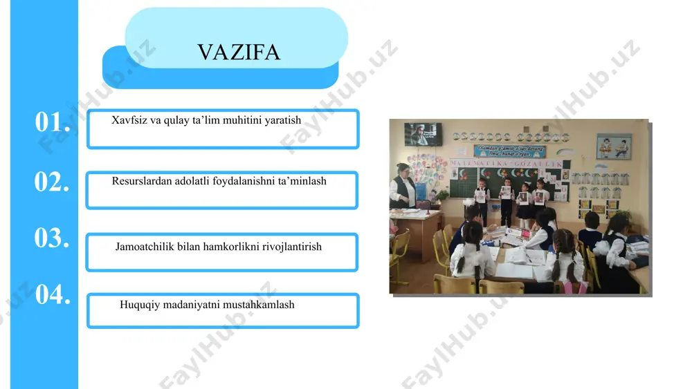imo o‘qituvchilarning fuqarolik mas’uliyati va ijtimoiy faolligi oshadi, ijtimoiy barqarorlikni ta’minlashda ular faollik ko‘rsatadi o‘quvchilar o‘rtasidagi sog‘lom muhit, o‘zaro hurmat, tenglik va birdamlik - nafaqat ta’lim samaradorligini oshiradi, balki jamiyatda barqarorlik va tinchlikni mustahkamlashga xizmat qiladi. bu yo‘lda pedagoglar, psixologlar, ota-onalar va jamoatchilikning hamkorligi muhim ahamiyat kasb etadi. shu bois, ijtimoiy barqarorlikka putur yetkazuvchi har qanday omilga nisbatan befarqlik emas, balki tizimli yondashuv, chuqur tahlil va amaliy choralar zarur. zero, barqaror maktab - barqaror jamiyatning poydevoridir. xulosa xavfsizlikni oshirish: maktab binolarini ta’mirlash va xavfsizlik tekshiruvlarini muntazam o‘tkazish (fransiya tajribasi). resurslarni teng taqsimlash: qishloq maktablariga qo‘shimcha moliyalashtirish uchun xususiy sektor bilan hamkorlik qilish (singapur misoli). jamoatchilik ishtirokini kuchaytirish: ota-onalarni maktab boshqaruviga jalb qilish, mulkdan foydalanish bo‘yicha hisobot berish (yaponiya usuli). huquqiy bilimlarni rivojlantirish: pedagoglar uchun huquqiy seminarlar tashkil etish va qonunbuzarliklarni oldini olish (mahalliy adabiyotlardan). taklif e’tiboringiz uchun rahmat