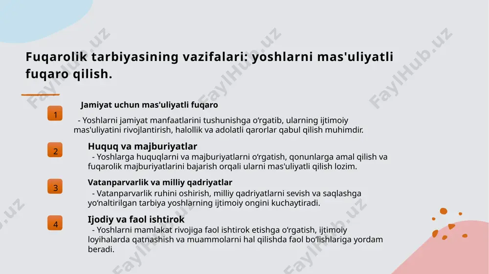 rni mustahkamlashga, muhim huquqiy normalarni avtomatik ravishda qabul qilishga yordam beradi. huquqiy axborot va rivojlanish bu vazifa yoshlar va keng jamoatchilik uchun huquqiy bilimlarni oshirish, innovatsion yondashuvlar va amaliy treninglar orqali rivojlantirishdir. amaliy tarzda huquqiy tarbiyaning tashkil etish usullari va metodlari. amaliy metodlar va usullar huquqiy tarbiyani amaliy tarzda tashkil etishda seminarlar, treninglar va muhokamalar muhim. bu usullar yoshlarning faol fikrlashini va huquqiy bilimlarini rivojlantiradi. interaktiv mashg‘ulotlar va o‘yinlar interaktiv o‘yinlar va rolli o‘yinlar orqali yoshlar huquqiy masalalarni amaliy tarzda o‘rganadilar, qiziqish va mas'uliyatni oshiradi. amaliy tashkiliy tadbirlar huquqiy bilimlarni mustahkamlash uchun muhim tadbirlar, masalan, huquqiy sessiyalar, konferensiyalar va huquqiy forumlar tashkil etiladi. huquqiy tarbiyaning pedagogik yondashuvlari va innovatsion usullar. pedagogik yondashuvlar innovatsion texnologiyalar amaliy metodlar huquqiy tarbiyada pedagogik yondashuvlar o'quvchilarning yoshiga va psixologik xususiyatlariga moslashgan, amaliy mashg'ulotlar va interaktiv metodlarni o'z ichiga oladi. zamonaviy texnologiyalar, masalan, onlayn platformalar va simulyatsiyalar, huquqiy bilimlarni samarali va qiziqarli tarzda etkazishga yordam beradi. …