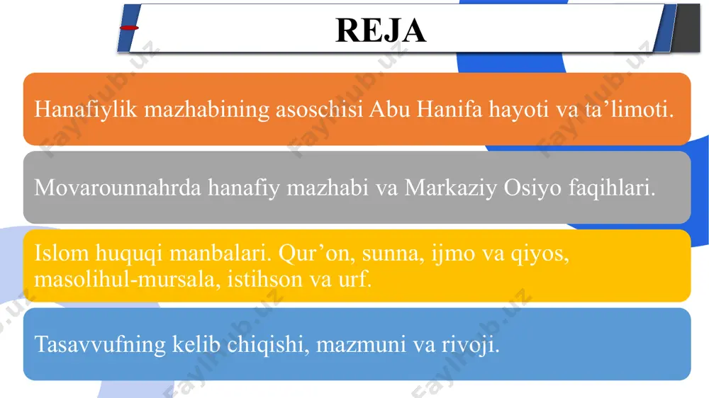 abu hanifa hayoti va ta’limoti. abu hanifa umaviylar va abbosiylarning siyosiy kurashlari, hokimiyat bir suloladan boshqasiga o‘tgan davrda yashagan bo‘lsa ham qo‘liga qurol olib ikki tomonning siyosatiga aralashmadi, balki o‘z ilmini oshirish va tarqatishga harakat qildi. bu davrda aqidaviy oqimlar orasida kurashlar ancha qizigan. olim bu kurashlarni kuzatib borgani tabiiy. ibn bazzozning rivoyatiga ko‘ra imom abu hanifa o‘g‘li hammodga shunday degan: «bizlar munozara qilgan vaqtd suhbatdoshimizning haq va to‘g‘ri yo‘ldan chiqib ketishidan qo‘rqar edik, lekin sizlar munozara vaqtida raqibingizni haq yo‘ldan chiqishini istaysizlar. har kim o‘z suhbatdoshini haq yo‘ldan og‘dirmoqchi bo‘lsa, uni kufr tomonga yo‘llaydi, lekin uning o‘zi suhbatdoshidan oldinroq kufr yo‘liga o‘tgan bo‘ladi». hanafiylik mazhabining asoschisi abu hanifa hayoti va ta’limoti. manbalarda imom abu hanifaning sahobiylar bilan ko‘rishgani aytiladi, shuning uchun u tobeinlardan hisoblanadi. u hammod ibn abu sulaymon, ibrohim naxaiy, sha’biy kabi va boshqa olimlardan sahobiylar ali va abdulloh ibn mas’ud, abdulloh ibn abboslarning fiqhini o‘zlashtirdi. ayniqsa, hammod …