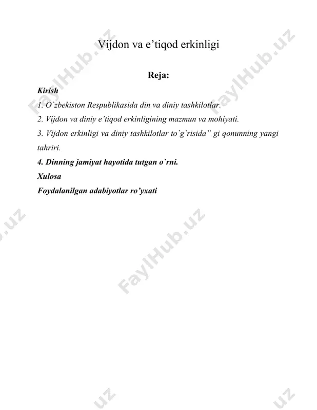 ozalar asosida takomillashtirish ham respublikamizda amalga oshirilayotgan islohotlarning eng dolzarb vazifalaridan biri deb qaralmoqda. xususan, 2021-yilda 5-iyulda davlatimiz rahbari o’zbekiston respublikasi oliy majlisi qonunchilik palatasi tomonidan taqdim etilgan “vijdon erkinligi va diniy tashkilotlar to’g’risida”gi qonunni imzoladi. “vijdon erkinligi va diniy tashkilotlar to’g’risida”gi qonunda diniy sohadagi qonun hujjatlarida qo’llaniladigan asosiy tushunchalarga ta’rif berildi. bu orqali oldingi qonunda mavjud bo’lgan mavhum tushunchalardan voz kechildi. shuningdek, diniy tashkilotlarning huquq va majburiyatlari, ularni ta’minlanishining kafolatlari, shu jumladan, yuqori turuvchi organ yoki sudga mansabdor shaxslarning diniy tashkilotlarning huquq va erkinliklarini buzuvchi qonunga xilof harakatlari (harakatsizligi) bo’yicha ular sudga murojaat qilganda, davlat bojini to’lashdan ozod etilishi mustahkamlab qo’yildi. bu esa diniy tashkilot va davlat organlari o’rtasidagi munosabatlar shaffofligiga xizmat qiladi. o’z navbatida, diniy tashkilotlarga nisbatan kuzatilishi mumkin bo’lgan turli noqonuniy xatti-harakatlarning oldini oladi. ilgari diniy tashkilot rahbarligiga nomzod xorijiy davlat fuqarosi bo’lsa, bu shaxsning rahbar bo’lish imkoniyati cheklanardi. ya’ni oldingi qonunning 8-moddasida “diniy tashkilotlar rahbarligiga o’zbekiston …