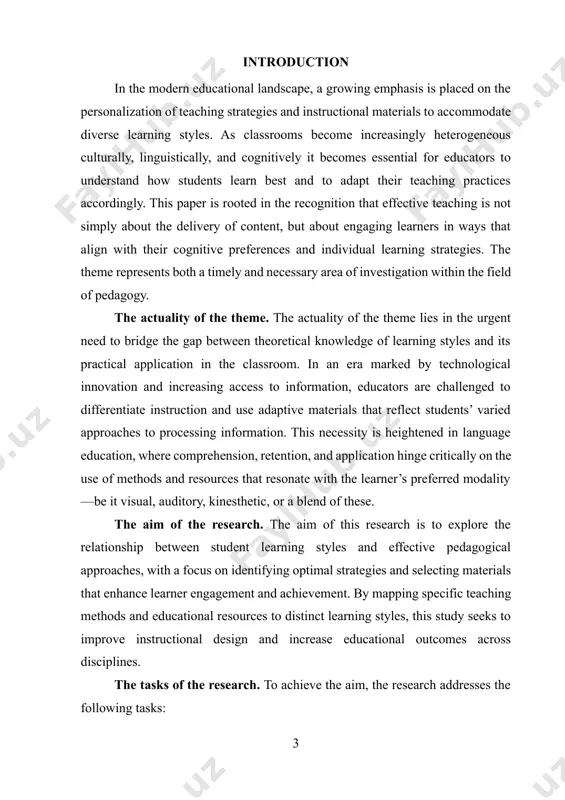provided insight into teaching methods and materials in current use. additionally, comparative analysis of case studies was conducted to determine the effectiveness of instructional strategies tailored to specific learner profiles. the practical significance of the research. the practical significance of this research lies in its potential to enhance teaching practices by equipping educators with concrete tools for diagnosing learner preferences and adapting their instructional approaches accordingly. the outcomes of this study can serve as a guide for curriculum designers, teacher trainers, and practicing educators who seek to foster a more learner-centered environment. moreover, it contributes to the broader discourse on differentiated instruction and inclusive education by offering actionable strategies grounded in empirical evidence. structure of the research. the structure of this research is organized into five key sections, each of which focuses on different aspects of the topic. the first plan discusses the role of learning styles in the educational …