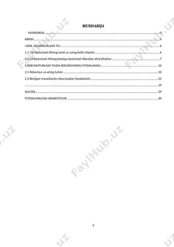 a rivojlantirish, kompyuter dasturlari bilan tanishish, o’sib kelayotgan yosh avlodni elektron-hisoblash mashinalari bilan tanishtirish, ularni o’rgatishni yangi bosqichlarini ishlab chiqish mamlakatimizning dolzarb va asosiy mavzusiga aylangan. maktab, kollej, litsey, institut, universitetlarni talabga javob beradigan kompyuterlar bilan ta’minlash, ularga eng zamonaviy kompyuterlarni va ular bilan ishlash o’rgatish, o’zbekistonni har jabhada jahonga ko’rsatish asosiy vazifadir. yangi iqtisodiy munosabatlarga o’tish davrida o’zining texnologik imkoniyatlarini rivojlantirish faqat zamonaviy axborot texnologiyalarini qo’llash orqali amalga oshirilishini talab etiladi. kurs ishining dolzarbligi: ushbu kurs ishi hozirgi kunda kompyuterda berilgan masalalarni dasturlash tillari orqali yechish va dasturda rekursiyadan foydalanish. kurs ishining maqsadi: c# dasturlash tili va uning tarixini o’rganish, rekursiya haqida tushunchalar olish. kurs ishining asosiy vazifalari: · c# dasturlash tilining tarixi va ahamiyatini o’rganish; · c# dasturlash tilining o’ziga xos xususiyatlarini tahlil qilish; · c# dasturlash tilining vazifalarini chuqurroq o’rganib chiqish; · c# dasturlash tilida rekursiyadan foydalanish; kurs ishining obyekti: c# dasturlash tilida ishlash va u haqida …