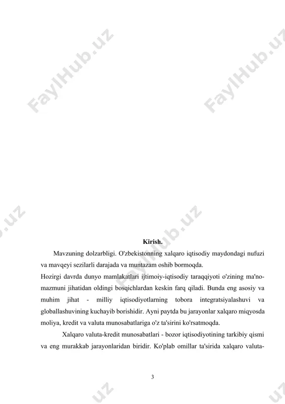 o’ zining o’ ta beqarorligi bilan ahamiyatlidir. bugungi kunda davlat va xo’ jalik yurituvchi subyektlarning tashqi iqtisodiy aloqalarini pul bozori yoki valuta bozori, undagi valuta operatsiyalarining rivojisiz tasavvur qilib bo lmaydi. shu sababli xorijiy valutalar bilan bog liq jahon tajribasini o’ rganish o’ zbekiston va markaziy osiyoning boshqa davlatlarida shakllanayotgan bozor iqtisodiyoti uchun katta ahamiyat kasb etadi. mustaqillikning birinchi kunidanoq ushbu masala respublikamiz prezidenti va hukumatining diqqat-e tiborida bo’ ldi. dastlab o’zbekiston respublikasida milliy pul birligi «so’ m»ni muomalaga kiritish va hozirgi davrga kelib, respublikada valuta tizimini barpo etish, uni rivojlantirish bilan bog liq bir talay ishlar amalga oshirildi. natijada respublikamizda valuta birjasi shakllandi va u valutalar oldi-sotdisi bilan bog liq operatsiyalarni muvaffaqiyatli amalga oshirmoqda.o’zbekistonning jahon hamjamiyatiga asta-sekin integratsiyalashuvi, xalqaro valuta fondi hamda xalqaro taraqqiyot va tiklanish bankiga a zo bo lib kirishi jahonning valuta, kredit, qimmatli qog ozlar hamda oltin bozorlarida qabul qilingan zamonaviy kodeksini bilishni talab etadi. «xalqaro …