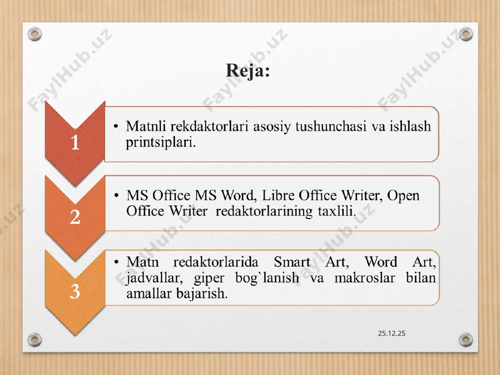 yordamida fayl bo`yicha harakatlanish * vstavka - menyusi ushbu menyu orqali hujjatga jadval, rasm geometrik figura, smartart, diagramma, giperssilka, kolontitul, wordart, formula, klaviaturada yo’q simvol, sahifalarga raqam va boshqa ko’plab vazifalarni bajarishimiz mumkin. * tablitsa yordamida jadval qo’yish geometrik figura qoyish diagramma hosil qilish * giperssilka yordamida bog’lanish nadpis yordamida matnlar kiritish * sahifaga raqam qo’yish wordart orqali yozuvlar stilini tanlash * simvoldan foydalanish * kolontituldan foydalanish. * asboblar panеlidan ushbu piktogrammani bosishimiz bilan matematik formulalardan foydalanish oynasi ishga tushadi - tayyor formulalar shabloni. * * razmetka stranitsi menyusi ushbu menyudan sahifani chetkka o’lchamlari, sahifa foni, shrift orasidagi interval, kolonka, joylashish tartibini o’zgartirishimiz mumkin. * * kolonki – yordamida matnlarni ustun ko’rinishga o’zgartirish. * * * vid menyusi. oynaning ko’rinishini sozlash uchun hizmat qiladi. * libreoffice dasturi linux operatsion tizimi uchun moslashgan dastur bo’lib, ushbu dasturda jadvallar, hujjatlar, turli xil ko’rgazmalar, rasmlar, formulalar va ma’lumotlar ba’zalari bilan ishlanadi. 2. ms …