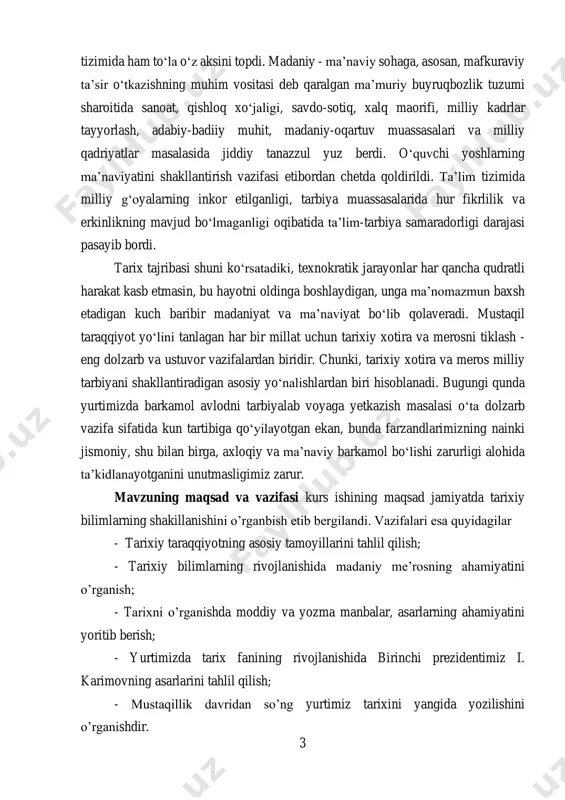 sifatida kun tartibiga qo‘yilayotgan ekan, bunda farzandlarimizning nainki jismoniy, shu bilan birga, axloqiy va ma’naviy barkamol bo‘lishi zarurligi alohida ta’kidlanayotganini unutmasligimiz zarur. mavzuning maqsad va vazifasi kurs ishining maqsad jamiyatda tarixiy bilimlarning shakillanishini o’rganbish etib bergilandi. vazifalari esa quyidagilar - tarixiy taraqqiyotning asosiy tamoyillarini tahlil qilish; - tarixiy bilimlarning rivojlanishida madaniy me’rosning ahamiyatini o’rganish; - tarixni o’rganishda moddiy va yozma manbalar, asarlarning ahamiyatini yoritib berish; - yurtimizda tarix fanining rivojlanishida birinchi prezidentimiz i. karimovning asarlarini tahlil qilish; - mustaqillik davridan so’ng yurtimiz tarixini yangida yozilishini o’rganishdir. 4 mavzuning o’rganilganlik darajasi: tarixiy bilimlarni baholashda mamlakatimizda ushbu tadqiqot mavzusiga yaqin ilmiy izlanishlarni olib borgan olimlar qatoriga n.jo‘rayev, n.abduazizova, b.abdurahimov, a.jalolov, m.imomnazarov, q.nazarov, s.shermuhamedov, a.ochildiyev, g.ostonova, d.rahimova, i.s.saifnazarov, o.sharafiddinov, x.samiboyev, x.tojiboyeva, r.fatxullayev, q.xonazarov, t.ernazarov, a.qurbonmamedov, t.qurbonov, n.yo.g‘oyibov va boshqalarni kiritishimiz mumkin. mazkur tadqiqotlardan kelib chiqqan holda aytish mumkinki, tarixning mazmuniga turli-tuman dalillar, voqealar va odamlarning harakatlari kirishi mumkin, ularning tahlilida esa mavhumlashgan nazariyalar …