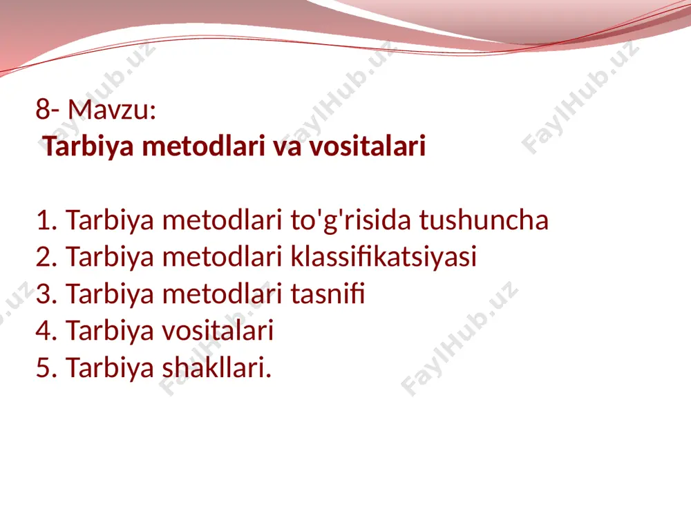 a, tushuntirish — bu og'zaki metodlar, ma’lumotni tahlil qilish va xabar berish bo'lib, tarbiyaviy mazmun va mohiyat kasb etadi. tarbiyachi metodik adabiyotlardan mavzularni, material mazmunini va o'quvchilar bilan tarbiyaviy suhbatiami o'tkazish bo’yicha tavsiyalarni topadi. tarbiyachi o'quvchilar bilan suhbat uchun mamlakat, dunyo, yoshlar hayotining turli tomonlarini ifodalovchi materiallarini ominaviy axborot vositalaridan ham olishlari mumkin. suhbat munozara, muhokama sifatida o'quvchilarni o'zlaridan intellektual va emotsional faollikni talab etuvchi metod liisoblanadi. 1) etik mavzular (ijtimoiy ma'naviy-axloqiy me'yorlar, jamiyatda ustuvor o'rin tutuvchi ijtimoiy munosabatlar, jamoa orasida o'zini tutish qoidalari va boshqalar); 2) estetik mavzular (tabiat go'zalligi, shaxslararo munosabatlar, inson go'zalligi); 3) siyosiy mavzular (davlatning ichki va tashqi siyosati, dunyo voqealari, xalqaro munosabatlar va hokazolar); 4) ta’lim va bilishga oid mavzular (koinot, hayvonot va o'simliklar dunyosi, elektronika va boshqalar). muhokama— tarbiyaning maxsus metodi bo'lib, qarama-qarshi fikrlarning to'qnashuvini ifodalaydi. namuna - shaxsga atrofdagilar (xususan, o'qituvchilar, ota-onalar, yoshi katta kishilar)ning yurish-turish, muomala, tartib-intizom qoidalariga rioya qilish, kundalik faoliyatni …
