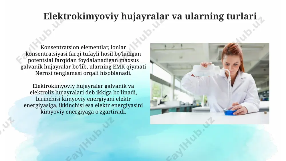 yonida ajralib chiqadigan modda massasi o'tkazilgan elektr miqdoriga to'g'ridan-to'g'ri proportsional ekanligini bildiradi, ya'ni m = kq, bu yerda k – elektrokimyoviy ekvivalent. ikkinchi faraday qonuni esa turli moddalarning bir xil miqdordagi elektr zaryadi ta'sirida ajralib chiqadigan massalari ularning kimyoviy ekvivalentlariga proportsional ekanligini tasdiqlaydi, ya'ni m1/m2 = e1/e2. ion harakatchanligi ion harakatchanligi qiymatlari har xil ionlar uchun farq qiladi; masalan, gidrokson ionining (h₃o⁺) harakatchanligi boshqa kationlarga nisbatan ancha yuqori, taxminan 36×10⁻⁸ m²/vs. ion harakatchanligi elektrolit eritmasidagi ionning elektr maydoni ta'sirida 1 v/m kuchlanish gradiyentida harakatlanish tezligini (m/s) ifodalaydi va ionning zaryadi va hajmi bilan bog'liq. haroratning ta'siri 25°c dan 50°c gacha bo'lgan harorat oralig'ida, transport sonining qiymatlari elektrolitning turiga va konsentratsiyasiga qarab 0,05 dan 0,1 ga qadar o'zgarishi mumkin. haroratning oshishi ionlarning harakatchanligini oshiradi, natijada transport sonining 0,5 dan 0,7 gacha o'zgarishi kuzatiladi, bu esa elektrolit eritmasining o'tkazuvchanligini sezilarli darajada oshiradi. xatolar va ularni kamaytirish электролит эритмасидаги потенциал градиенти таъсирида ионларнинг …