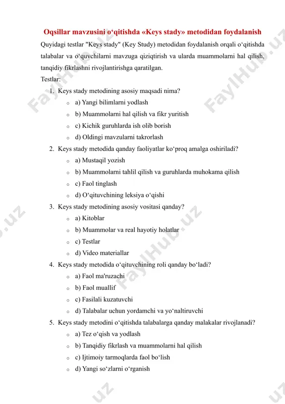 eys stady metodida muhokama qilish uchun qanday o‘quv materiallari ishlatilishi mumkin? · a) faoliyatlar · b) voqealar va hayotiy holatlar · c) yozma ishlar · d) o‘qituvchining savollari 9. keys stady metodida guruhlarda ishlashning asosiy afzalligi nima? · a) bir necha fikrni muhokama qilish va turli nuqtai nazarlarni tushunish · b) yangi mavzuni tezda o‘rganish · c) o‘qituvchidan ko‘proq yordam olish · d) o‘z fikrini faqat o‘qituvchiga aytish 10. keys stady metodida o‘qituvchining talabalarni qanday yo‘naltirishi kerak? · a) qattiq savollar berish · b) talabalarga real holatlarni taqdim etib, ularni o‘ylantirish · c) faqat to‘g‘ri javobni taqdim etish · d) mavzuni yaxshilab o‘qish 11. keys stady metodida muammolarni hal qilishda qanday ko‘nikmalar rivojlanadi? · a) matematik hisoblash · b) fikrni tizimli tarzda ifodalash · c) keng qamrovli malakalar · d) yangi texnologiyalarni qo‘llash 12. keys stady metodida ta'lim berishda qanday guruhlar ishlatiladi? · a) bitta katta guruh · b) kichik …