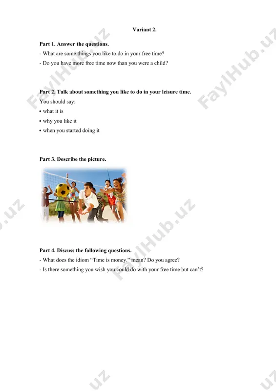 try? what information do employers want to know? variant 5. part 1. answer the questions. -why are you learning english? -how will you use the english you learn? part 2. talk about a language other than english you would like to learn you should say: · why you want · what problems you may have · what benefits you may have part 3. describe the picture. part 4. discuss the following questions. · which of these do you do: attend english classes at school, learn english with a tutor (private teacher) or study english yourself (on your own)? · is it effective to practice english on your own with ready-made materials and checking your own progress? variant 6. part 1. answer the questions. · what is your favorite piece of technology you own? · are there any new gadgets that you really want to get? part 2. talk about a …