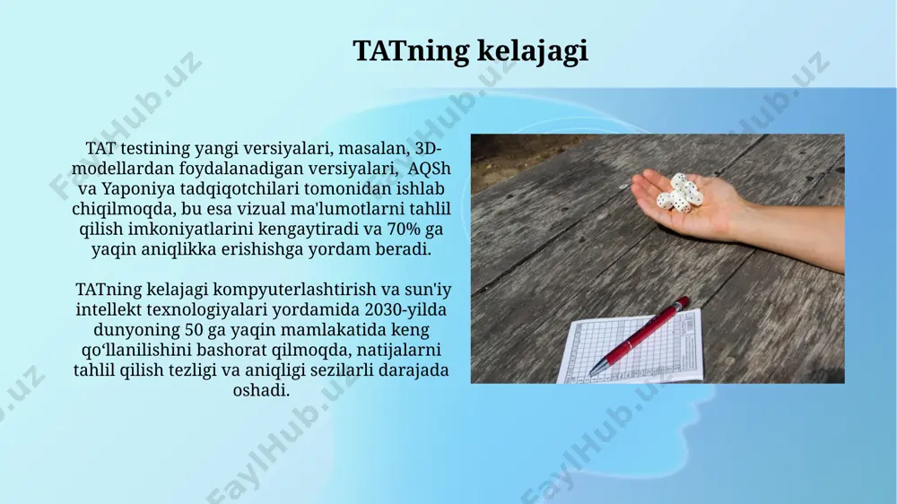 xminan 1940-yillar atrofida, tat shaxsiyatni o'rganish va psixologik baholashda keng qo'llanila boshlandi, shu jumladan harbiy psixologiya sohasida ham. tat bilan ishlash texnikasi har bir kartaga berilgan javoblarni tahlil qilish uchun 3-5 daqiqa vaqt ajratiladi, so'ngra natijalarni umumlashtirish uchun 15-20 daqiqa kerak bo'ladi, bu esa samarqanddagi amaliyotga asoslangan. tatda obrazlarning ifodalanishi, his-tuyg'ularning namoyon bo'lishi va hikoyaning tuzilishi kabi 7 ta asosiy ko'rsatkich yordamida namunaviy tahlil o'tkaziladi, bu esa andijon viloyatida o'tkazilgan tadqiqotlar natijalariga ko'ra aniqlangan. tatning tadqiqotlardagi qo'llanilishi tat, 200 dan ortiq talaba ishtirok etgan toshkentdagi bir tadqiqotda, o'quvchilarning motivatsiyasi va akademik muvaffaqiyatlarini aniqlash uchun qo'llanildi, natijalar ijobiy korrelyatsiyani ko'rsatdi. farg'onada 15 nafar jinoyatchilar bilan o'tkazilgan tat tahlili, agressiv xulq-atvorning kelib chiqishi va shaxsning ichki konfliktlarini aniqlashda foydali vosita ekanligini ko'rsatdi. tat natijalarining ishonchliligi va haqiqiyligi tatda natijalarni talqin qilish subyektiv bo'lgani uchun, masalan, toshkentdagi psixologlar guruhi tomonidan o'tkazilgan tadqiqotda, bir xil javoblarni turli psixologlar tomonidan 20% farq bilan talqin qilingani …