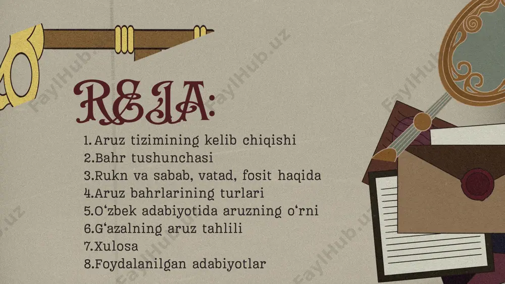 i: fa‘ilun fa‘ilun fa‘ilun fa‘il bo‘g‘in sxemasi: ᴗ – – | ᴗ – – | ᴗ – – | ᴗ – tahlil: har bir misrada 4 rukn bor. cho‘ziq va qisqa bo‘g‘inlar tartibi to‘liq saqlangan. g‘azalning ohangi yumshoqlik va lirik his-tuyg‘ularni ifodalaydi. tahlil natijasi xulosa aruz she’r tizimi sharq poetikasining eng mukammal vazn tizimidir. ruknlar va bahrlar she’r ohangini belgilaydi. o‘zbek adabiyoti aruzni o‘zlashtirib, milliy ohang bilan boyitgan. navoiy g‘azallari bu tizimning eng go‘zal namunasidir. alisher navoiy. “mezon ul-avzon” – toshkent: fan nashriyoti, 1983. hodi zarifov. “aruz vazni asoslari” – toshkent: o‘qituvchi, 1962. g‘ulomov a., qodirov m. “o‘zbek mumtoz adabiyoti” – toshkent: universitet nashriyoti, 2004. karimov n. “alisher navoiy g‘azallari tahlili” – toshkent: yangi asr avlodi, 2010. sodiqov sh. “she’riyat nazariyasi asoslari” – samarqand: samdu nashriyoti, 2018. to‘xliyev b. “adabiyotshunoslik asoslari” – toshkent: o‘qituvchi, 1997. foydalanilgan adabiyotlar etiboringiz uchun rahmat image1.png image2.png image3.png image4.png image5.png image6.png image7.png image8.png image9.png image10.png …