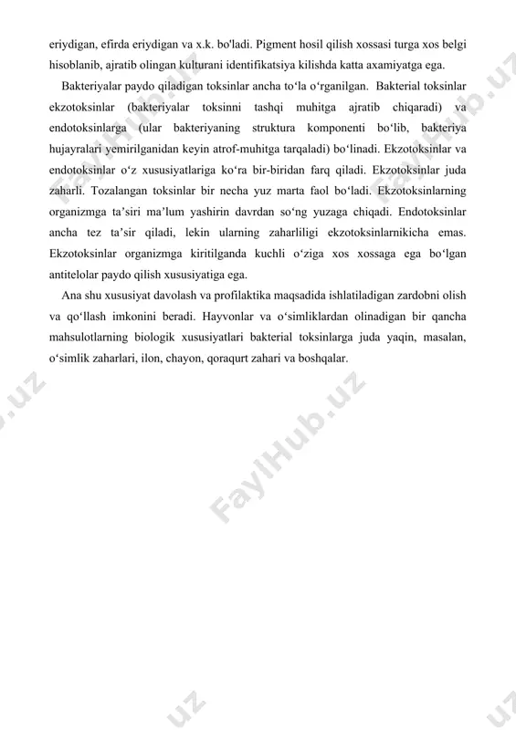 turi nomiga qarab nomlanadi. masalan, penitsillin uni ishlab chiqargan penicillium zamburug‘i oilasining nomi bilan; gramitsidin esa uni sintez qilgan gramijobiy bakteriyalar nomi bilan yuritiladi. antibiotiklarning juda kо‘plari ajratib olingan va о‘rganilgan. ularning kimyoviy tabiati turlichadir. tetratsiklinlar: bu gruppaga ximyaviy tarkibi bir biriga o’xshash antibiotiklar: xlortetrasiklin, oksitetratsiklin, tetrasiklin. xlortetratsiklin: (auromitsin, biomitsin, duomitsin, antibiotik a- 377) xlorid kislotali kristall shaklidagi antibiotik. auromitsinni birinchi bo’lib dager qancharoqda yashovchi ast. aureofaciens aktinomitsetdan topgan. sssr da auromitsin tipidagi yangi antibotik kashf etilgan, u > deb nomlangan. biomitsinning kristallari suvda eriydi va u ko’pchilik gramm-musbat va gramm-manfiy mikroblarga, soda hayvonlarga, ba’zi yirik viruslarga (ornitozga) va rikketsiyalarga kuchli ta’sir etadi. biomitsin leptospiroz, stafilokokk, pnevmokokk, meningokokk, parafit, cho’chqa samarasi qo’zg’agan kasalliklarini davolashda yaxshi natija beradi. biomitsin zaharli antibiotik hisoblangani uchun katta dozasi ham jigarda mikroskopik o’zgarish hosil qilishi mumkin. shuning uchun biomitsinni katta dozada ishlatmaslik lozim. bu antibiotik har 4 soatda suv bilan qo’shib ichirilsa organizmda 16 soatgacha …