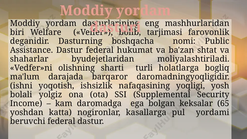 nadi. aqsh dagi ijtimoiy ta'minot tizimi murakkab va kop qirralidir. aqsh da ijtimoiy ta'minotning yagona markazlashgan milliy tizimi mavjud emas. u yo federal qonunchilik, yo shtat qonunchiligi, yoki federal va mahalliy organlarning birgalikdagi qonunlari bilan tartibga solingan dasturlar orqali shakllanadi. ijtimoiy sugurtalash boyicha birinchi qonun 1935-yil 14-avgustda qabul qilingan fuqarolik qonuni boldi. otgan vaqt davomida bu qonunga komgina tuzitishlar, ijtimoiy sugurtaning yangi shakllari kiritilib, yangi qoidalar bilan toldirildi. 1935-yildagi qonunda ijtimoiy sugurtaning ikkita shakli bor edi : yosh boyicha (pensiya) va ishsizlik (nafaqa). qonun bir qator nochor aholi toifalari, nogironlar va yetimlarga yordam berishning cheklangan tadbirlarini ham nazarda tutgan. 1.ijtimoiy ish tarixi va xorijiy tajriba o’quv qo’llanmasi 2.https://www.forumdaily.com foydalanilgan adabiyotlar: e’tiboringiz uchun raxmat! image2.jpeg image3.png image4.png image5.png image6.jpeg image1.jpeg