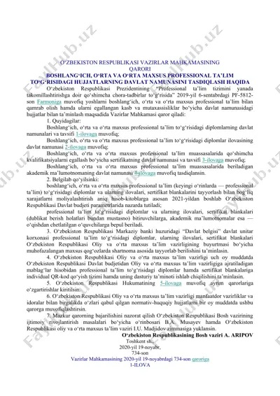 o‘zbekiston respublikasi vazirlar mahkamasining qarori — DOC