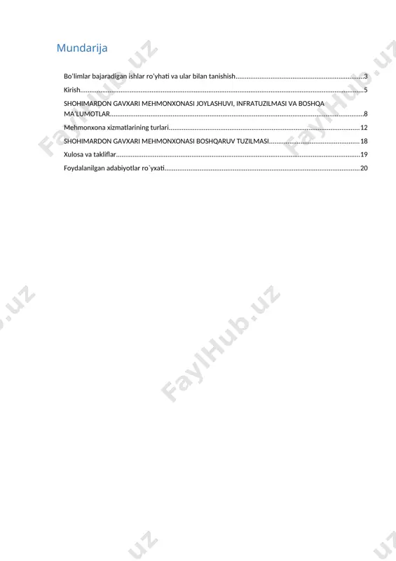 aloqalarni o`rganish . 1. shartnoma munosabatlarini o`rganish. 1. mehmonxona rayonida turizm rivojlanishiga salbiy ta`sir etuvchi omillar. 8. narxni shakllantirish 1.turistlarga ko`rsatiladigan xizmatlarga narx belgilash usuli. 2.mavsum va mavsum bo`lmagan paytda narxlar klassifikatsiyasi.. 9. mehmonxonaga keladigan turistlarni turkumlash. 1. demografik malumotiga ko`ra tasniflash 1. tashrif maqsadiga ko`ra tasniflash 1. boshqa me`zonlar ga qarab tasniflash kirish shohimardon gavxari mehmonxonası 3 yulduzlı mehmonxona hısoblanadı. mehmonxona yangi inovatsion texnika va texnologiyalar bilan taminlangan. har bir mehmonxonaning bevosita maqsadi mijozlarni munosib qulay xonalarga joylashtirishdir. bu mehmonxonaning asosiy mahsulotidir. xizmatni yaratish uchun mijoz va mehmonxona xodimlari o'rtasida majburiy o'zaro munosabatlar zarur. xizmat nomoddiydir, chunki u mehmonlarning aniq belgilangan muddat yashash ehtiyojlarini qondirish uchun kerak. ya'ni, ro'yxatdan o'tishning vaqt oralig'i, shuningdek mehmonxona xonasida joylashgan joyning tugashi hujjatlashtirilgan. shuning uchun har bir mehmonxona mijozga mehmonxona cheklarini taqdim etishga tayyor bo'lishi kerak. shohimardon o‘zbekistonning eng go‘zal maskanlaridan biridir. shahar fargʻonadan 55 km janubda, dengiz sathidan 1500 m balandlikda, oloy …