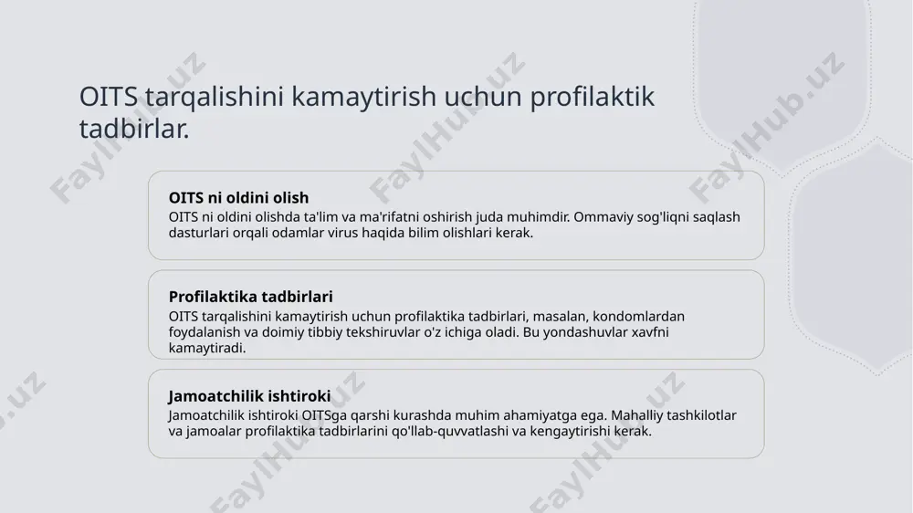 n'analar va qadriyatlar ushbu jarayonda qo'llanilishi kerak. sog'liqni saqlash strategiyalari sog'liqni saqlash strategiyalarida madaniy moslashuvni ta'minlash zarur. lokal madaniyatning ta'siri va imkoniyatlari oits bilan kurashda muhim ahamiyatga ega. e'tiboringiz uchun rahmat! /docprops/thumbnail.jpeg